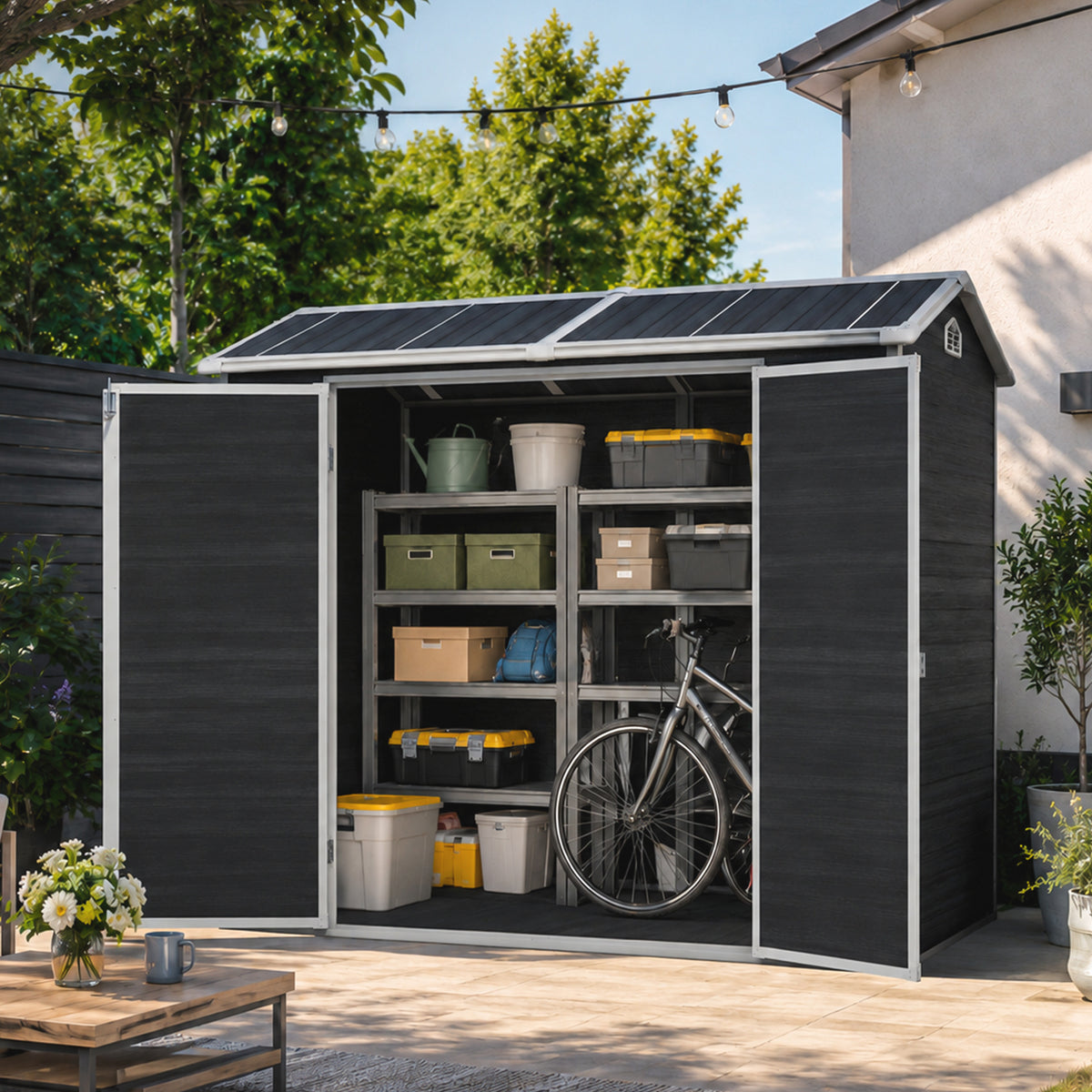 Black Resin Storage Shed with Floor, 4.4x8 ft