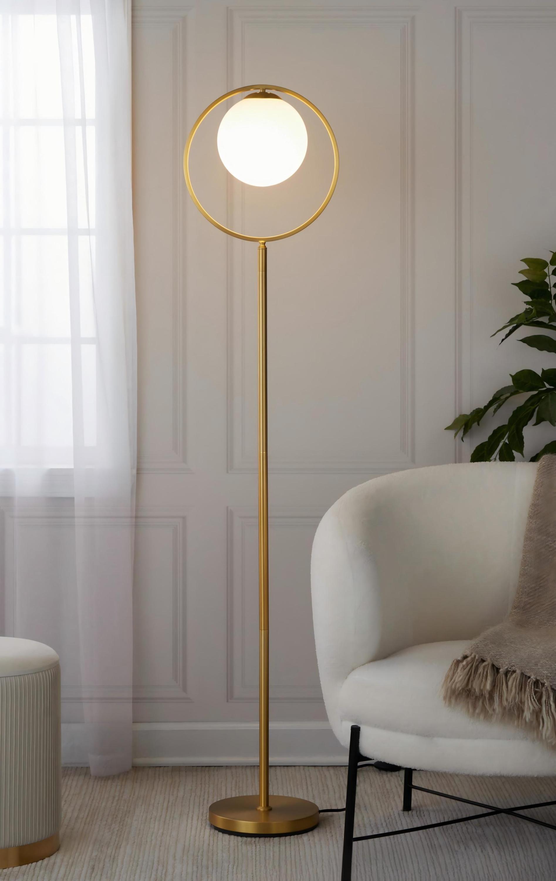 Floor Lamp with Frosted Glass Globe and Foot Switch in Gold