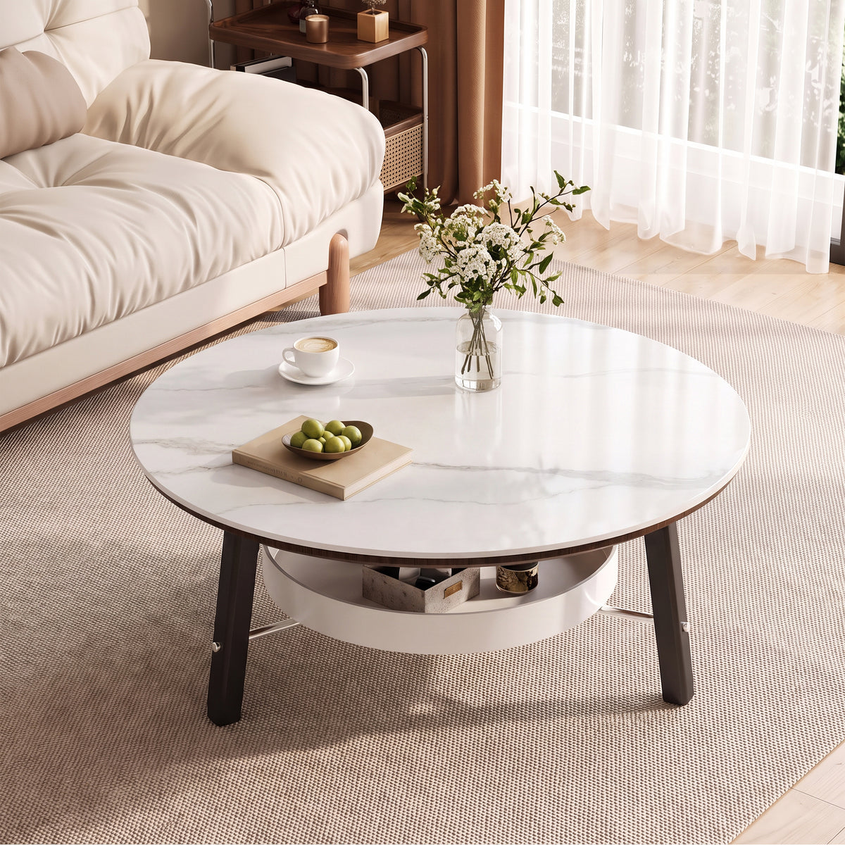 White Sintered Stone Round Coffee Table with Storage, 35.4 in