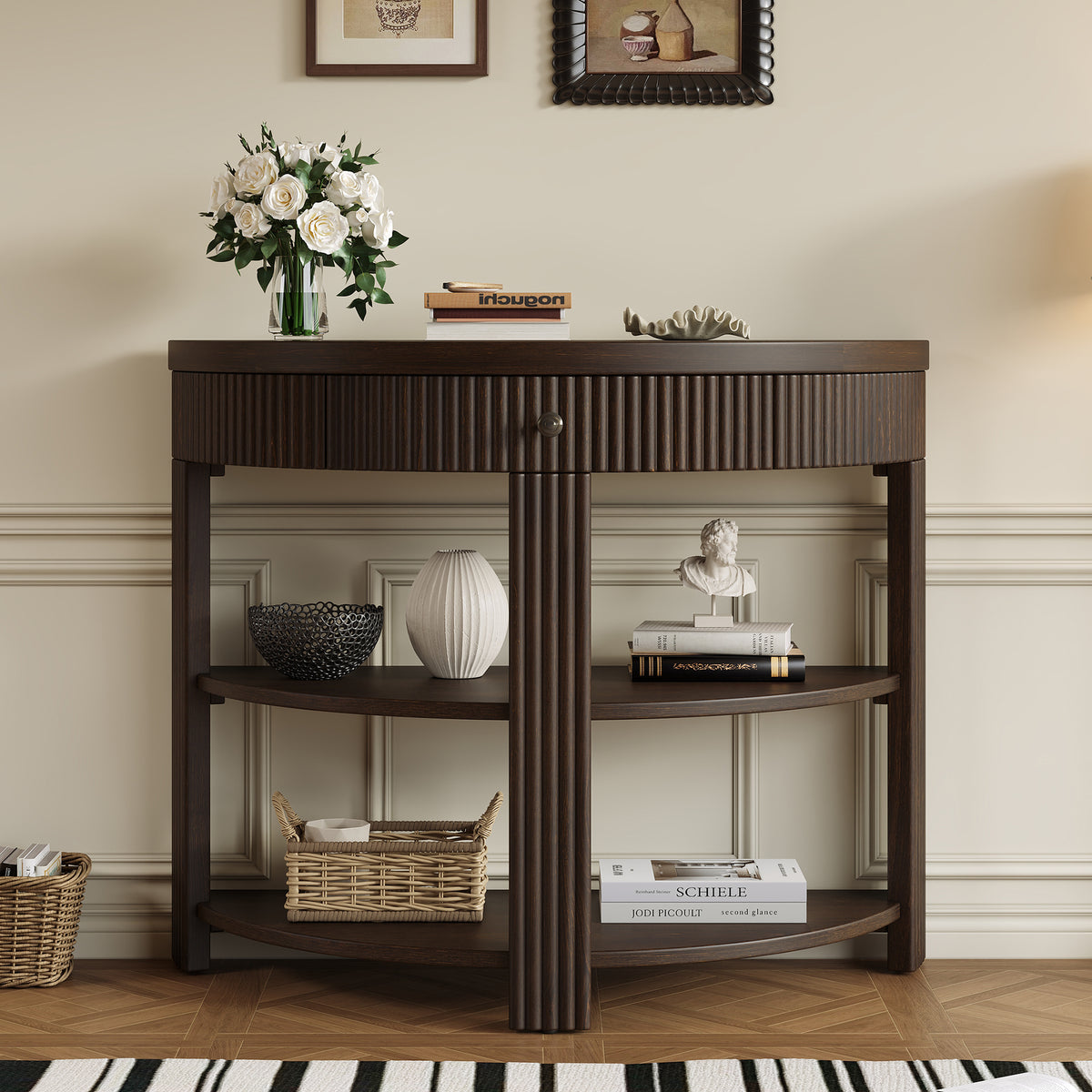 Espresso Fluted Entryway Console Table with Storage, 37 in Wide