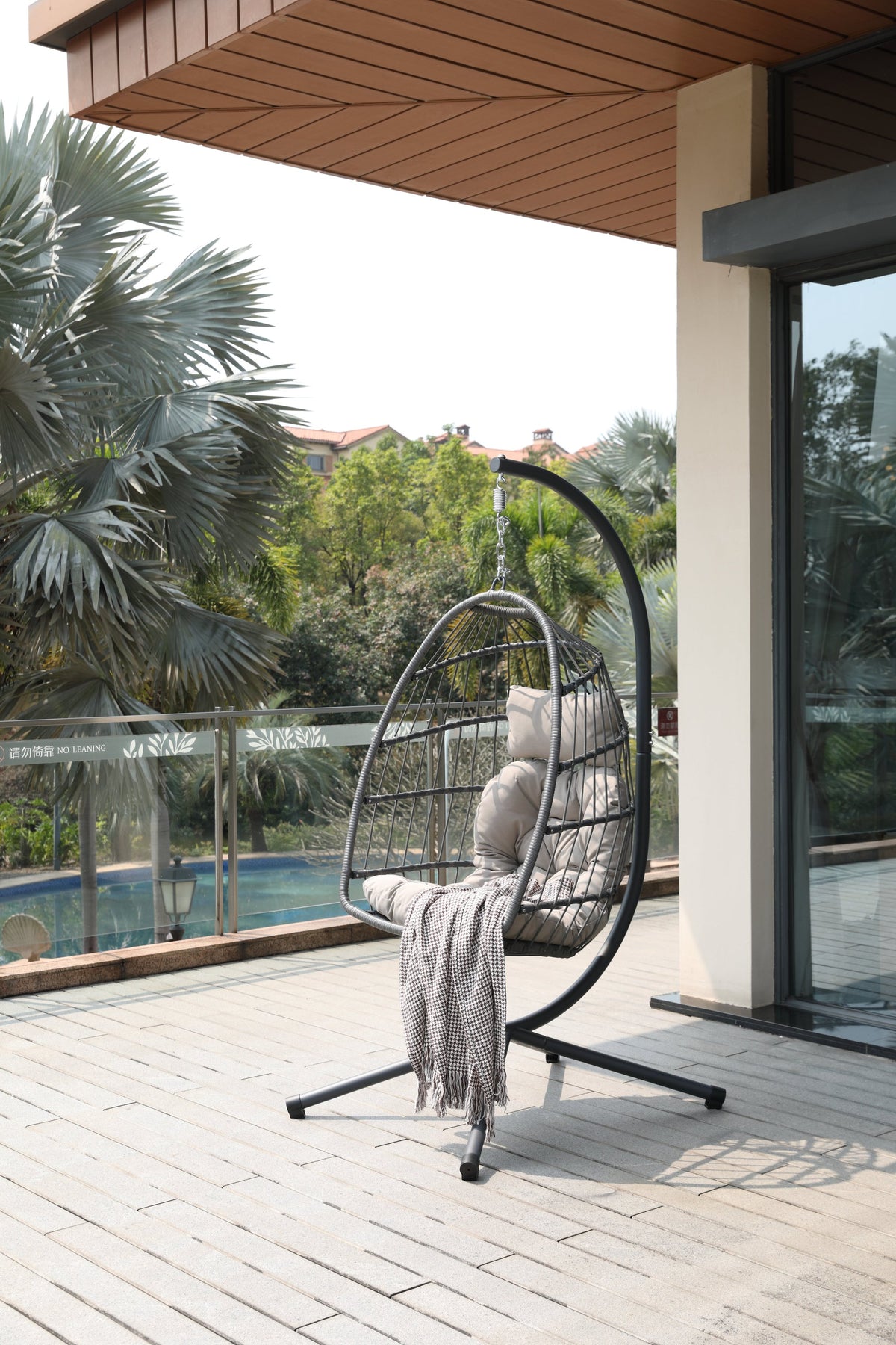 Beige Wicker Folding Hanging Egg Chair with Stand