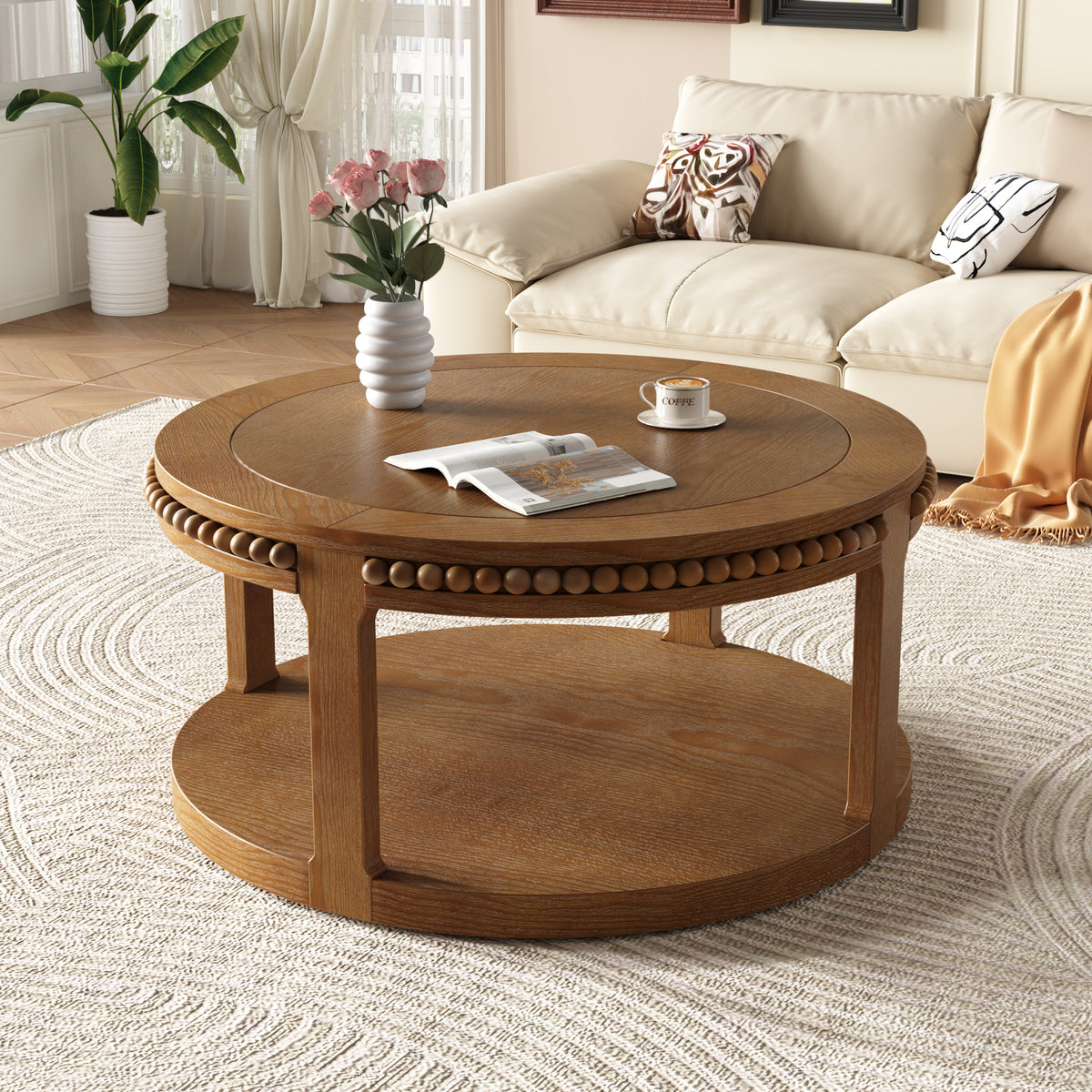 Walnut Round Coffee Table with Storage, 31.5 in, 17.7 in Tall