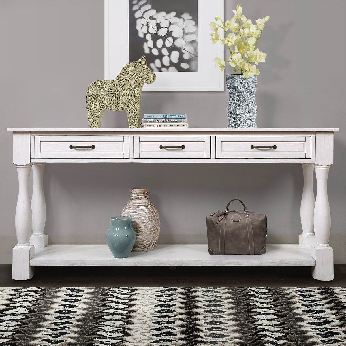 White Entryway Console Table, 3 Drawers, 63.4 in Wide