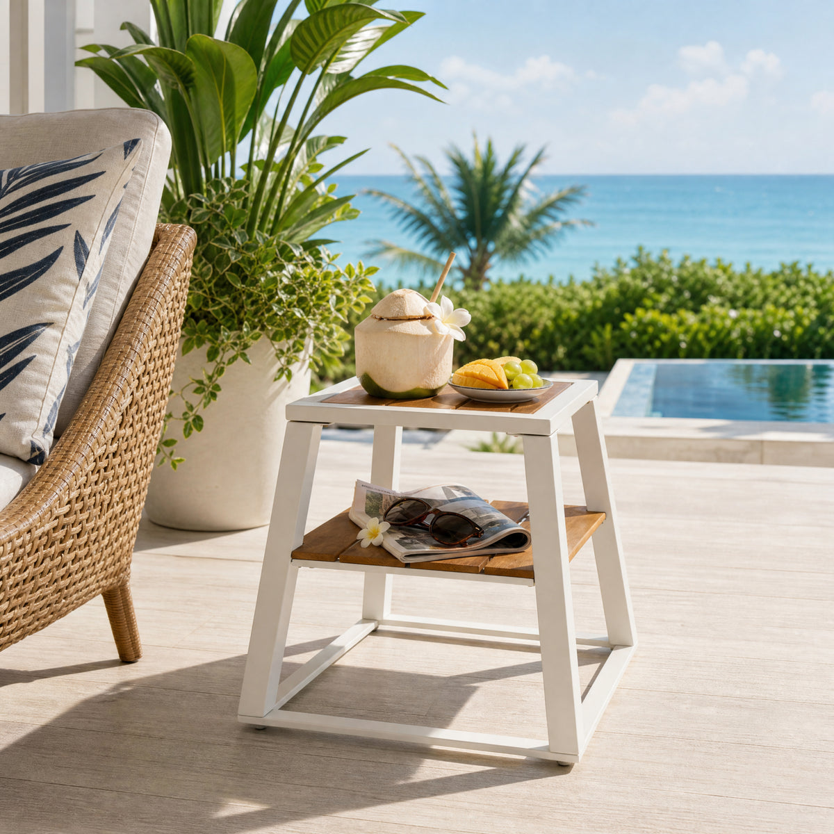 Teak Finish Metal Outdoor Side Table