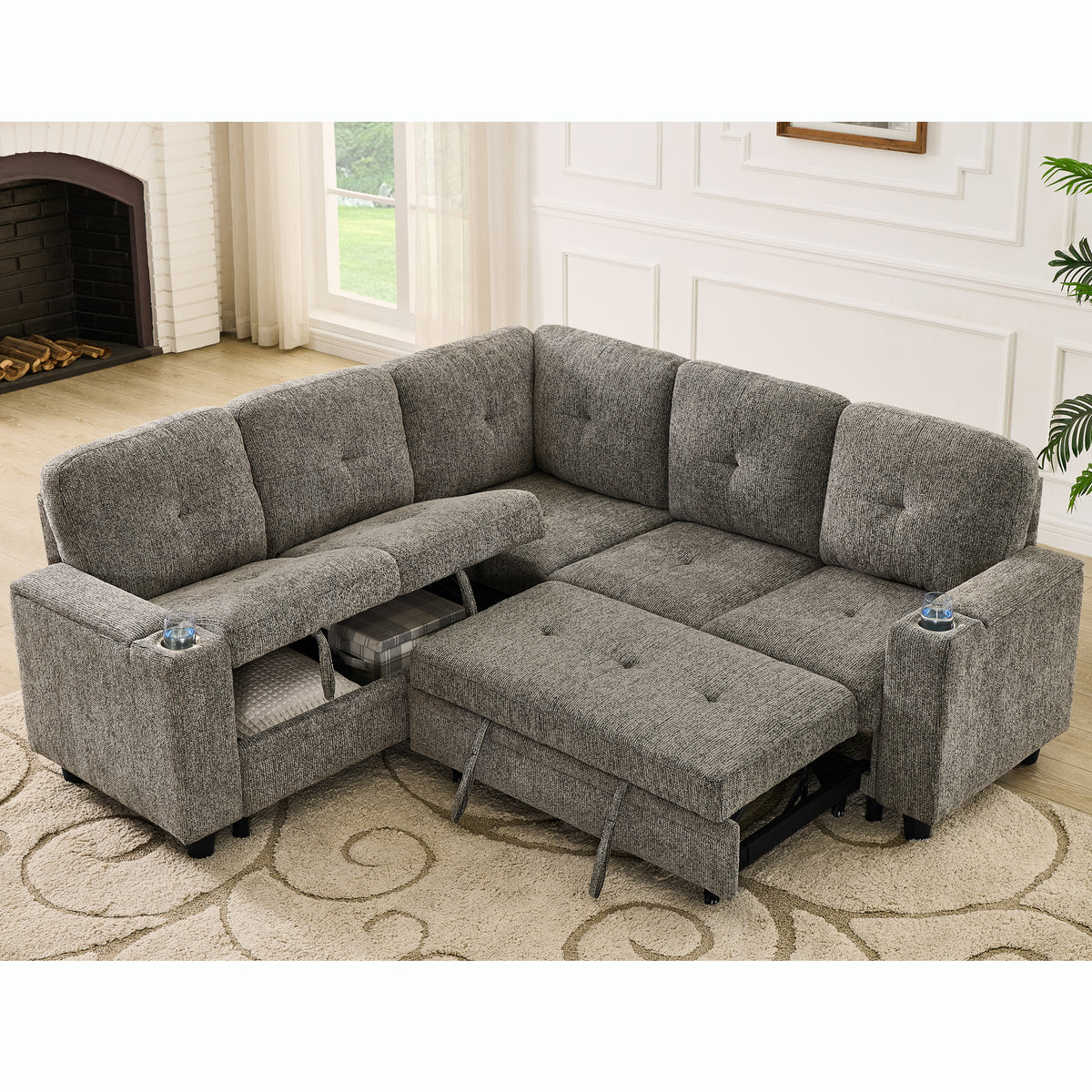 Gray Chenille L-Shaped Modular Sleeper Sectional, 81 in Wide