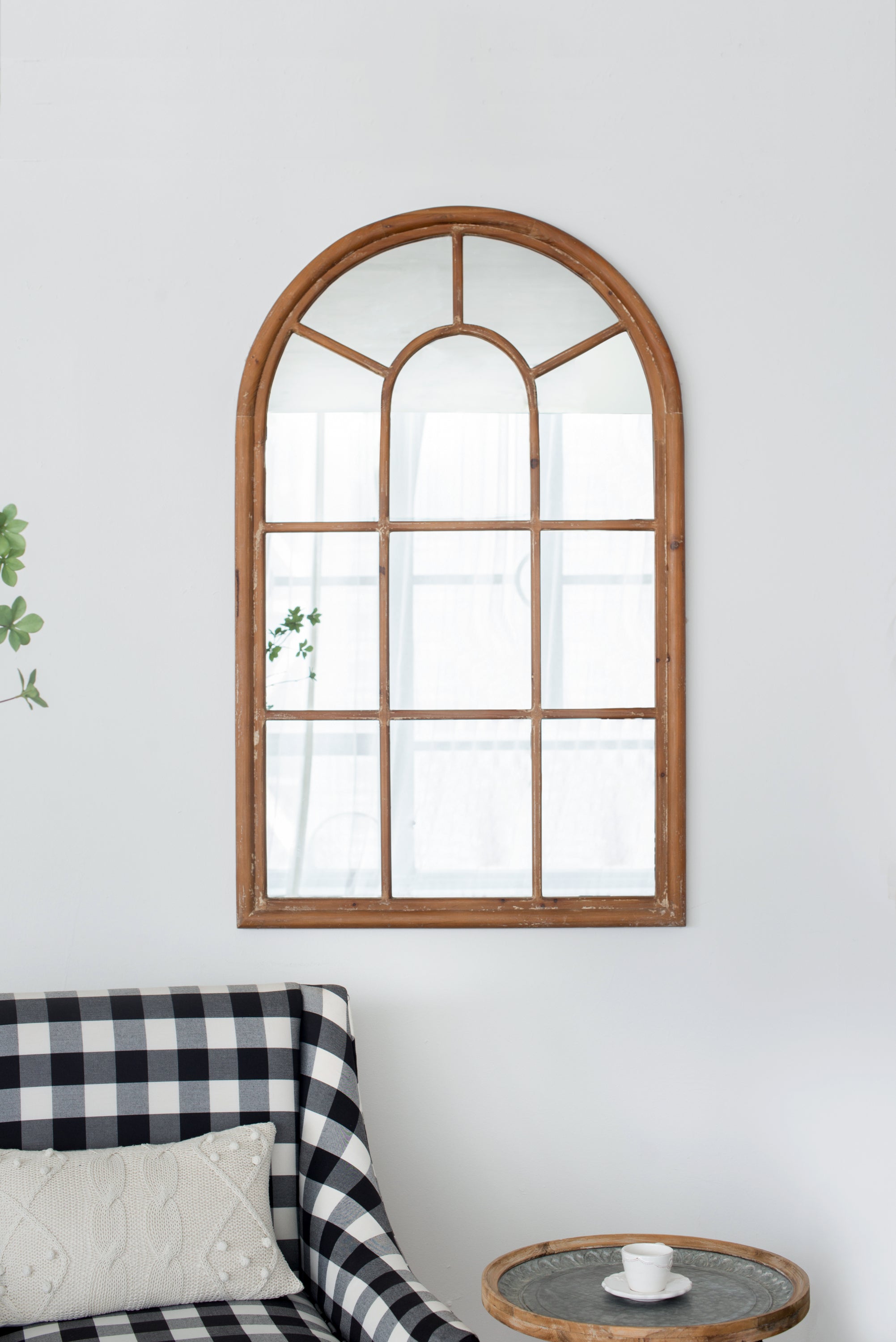 34" x 54.3" Arched Mirror with Brown Wood Window-Pane Frame