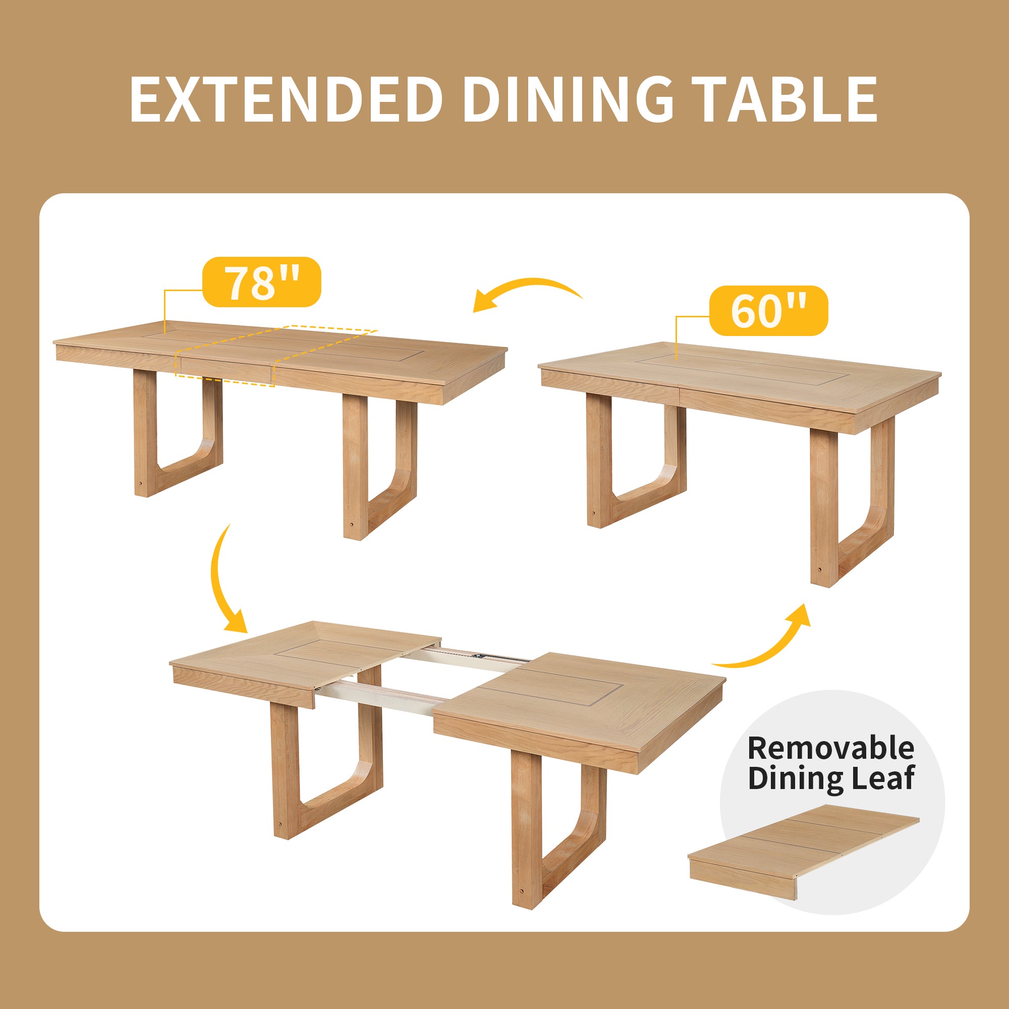 Feature graphic showing the table extending 60 in to 78 in with a removable dining leaf