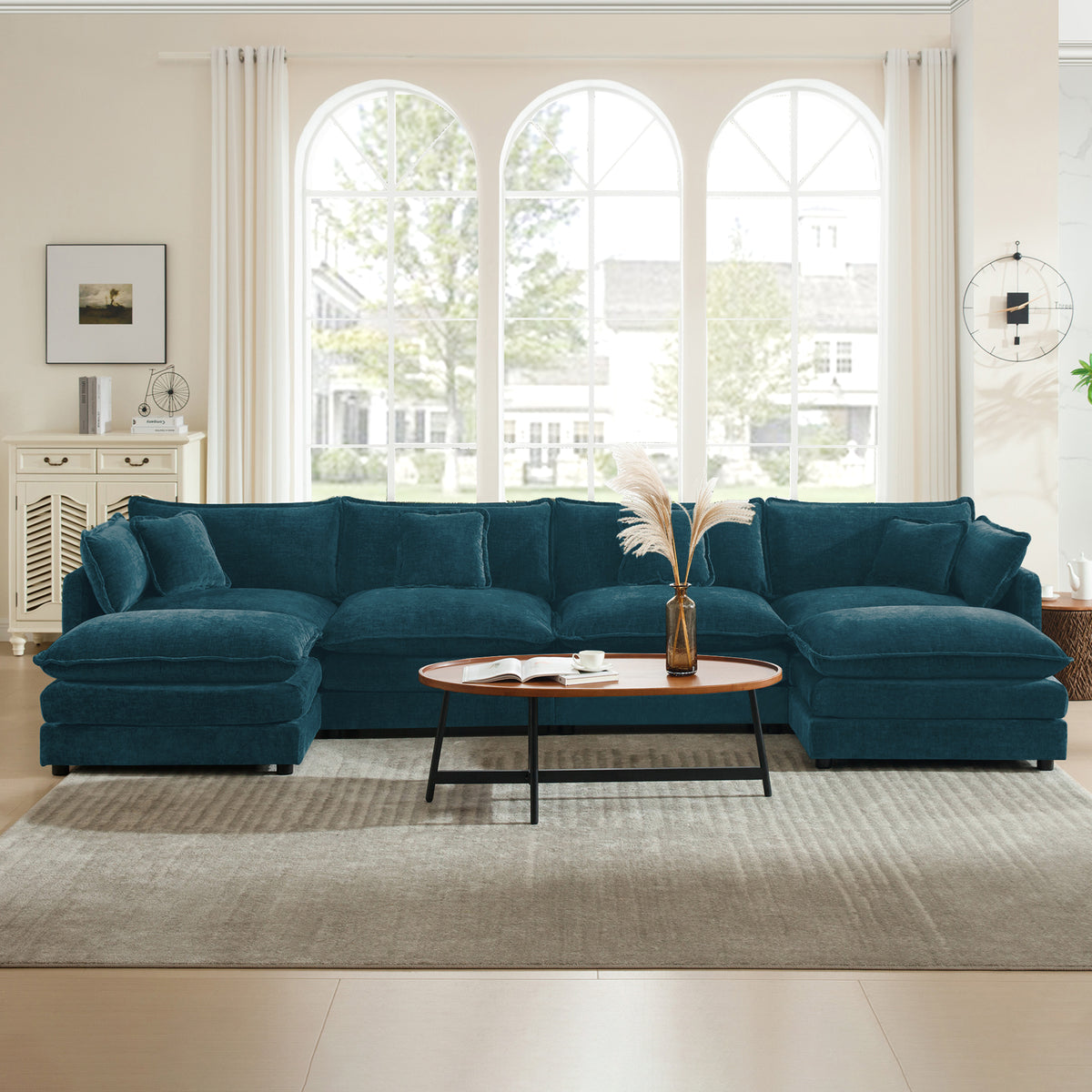 Blue Chenille Modular Sectional with 2 Ottomans