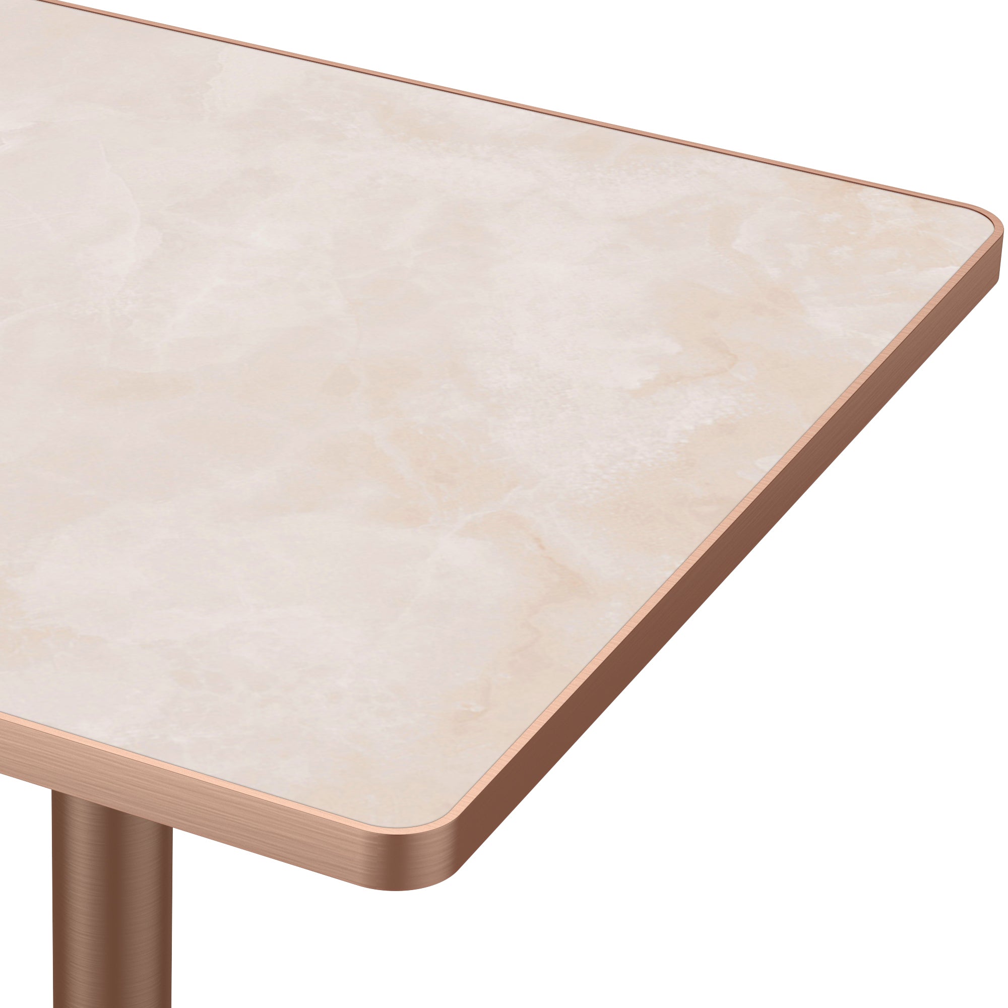 Close-up of pink onyx-look sintered stone tabletop corner and rose gold edge trim
