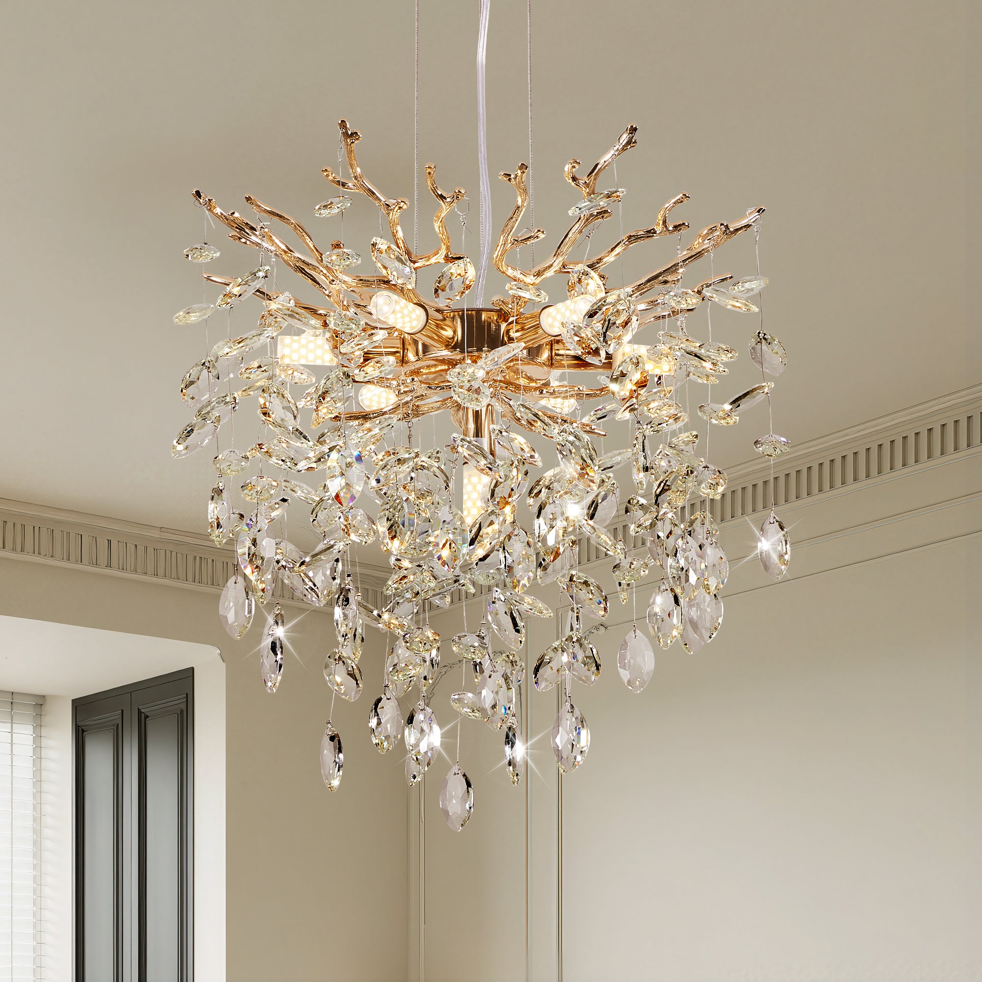 Chandelier, 7-Light Crystal Shades with Iron Frame, Gold