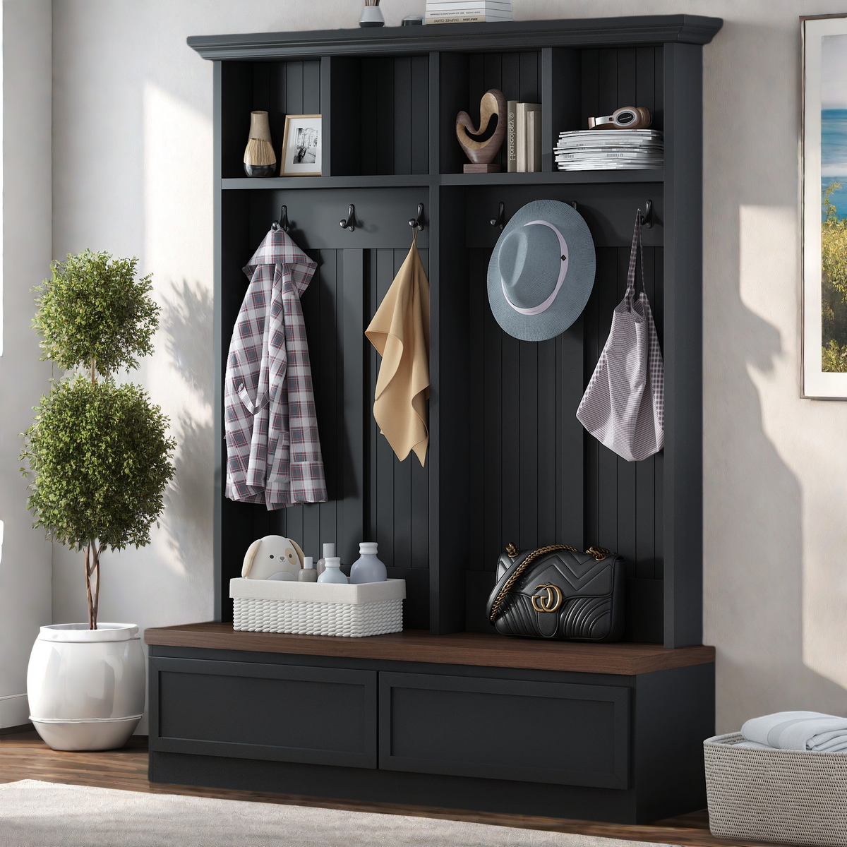 Black Hall Tree with Bench, 55.9 in Wide