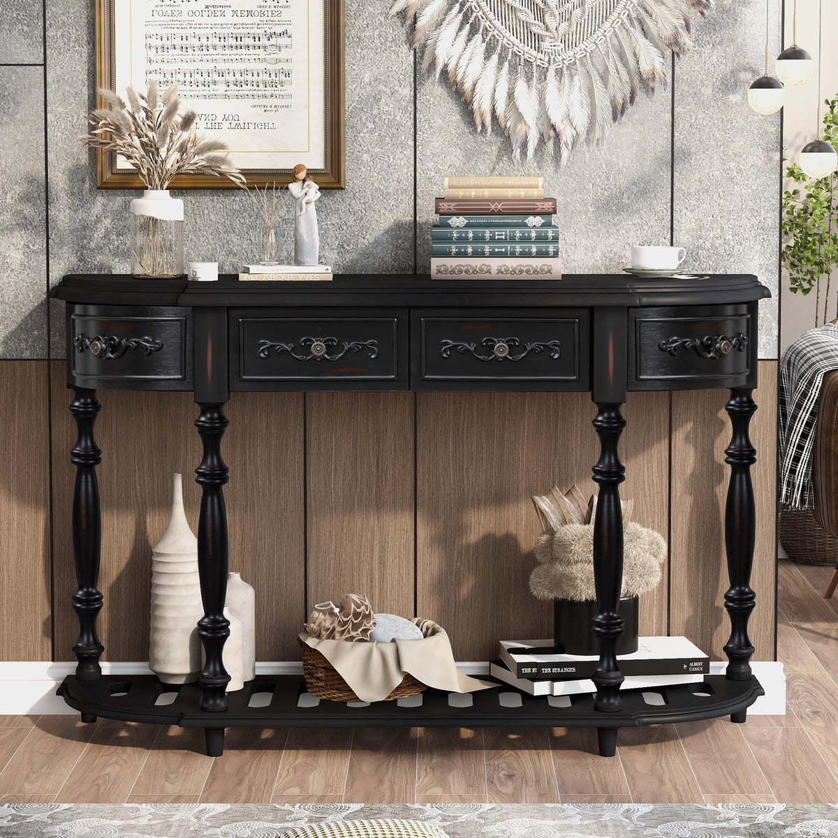 Black Entryway Console Table, 4 Drawers, 52 in Wide