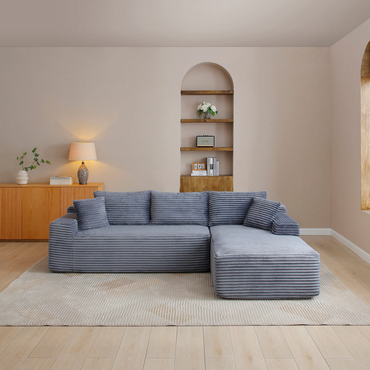 Gray Corduroy L-Shaped Modular Sectional, 105 in Wide, Right-Facing