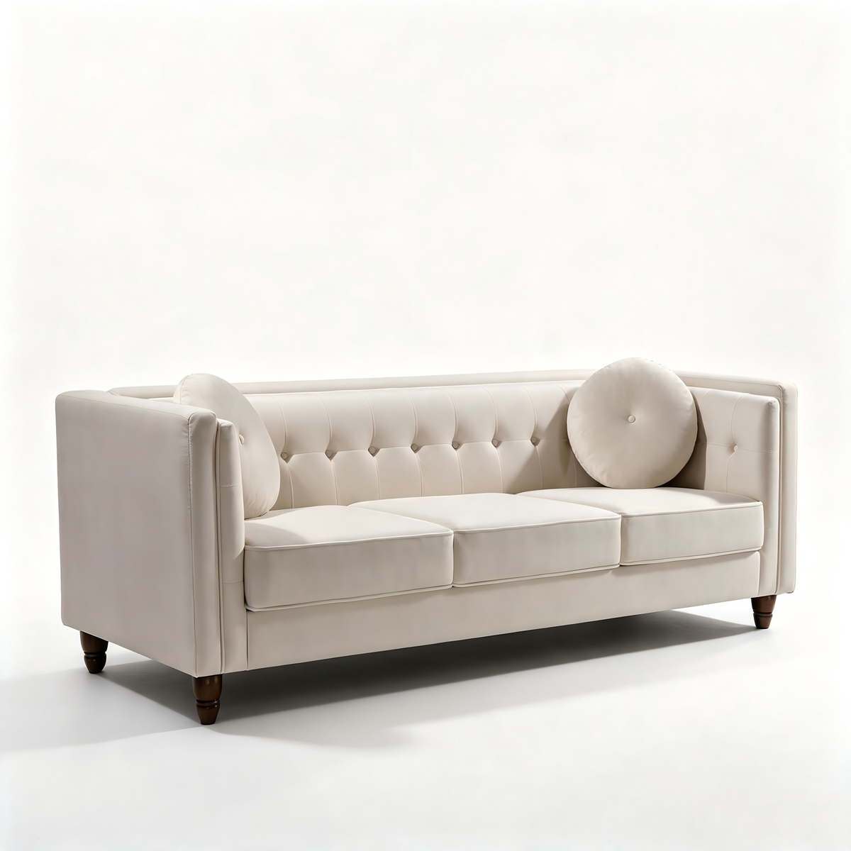 Ivory Velvet 3-Seat Chesterfield Sofa, 80.7 in Wide