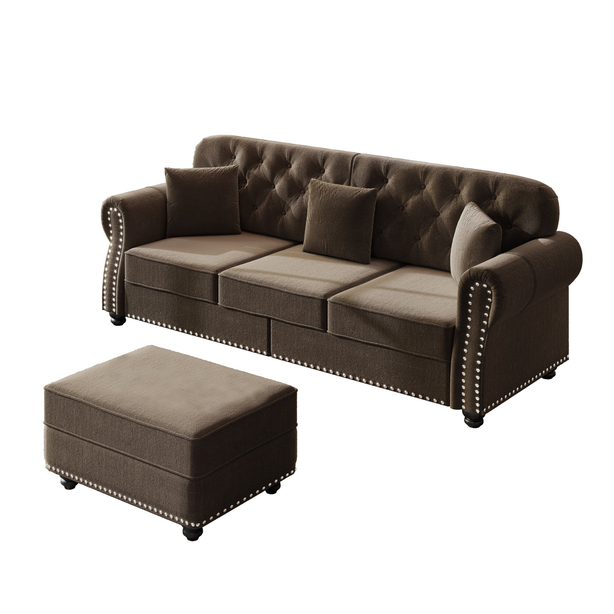 Brown Velvet 4-Seat Chesterfield Sofa with Ottoman