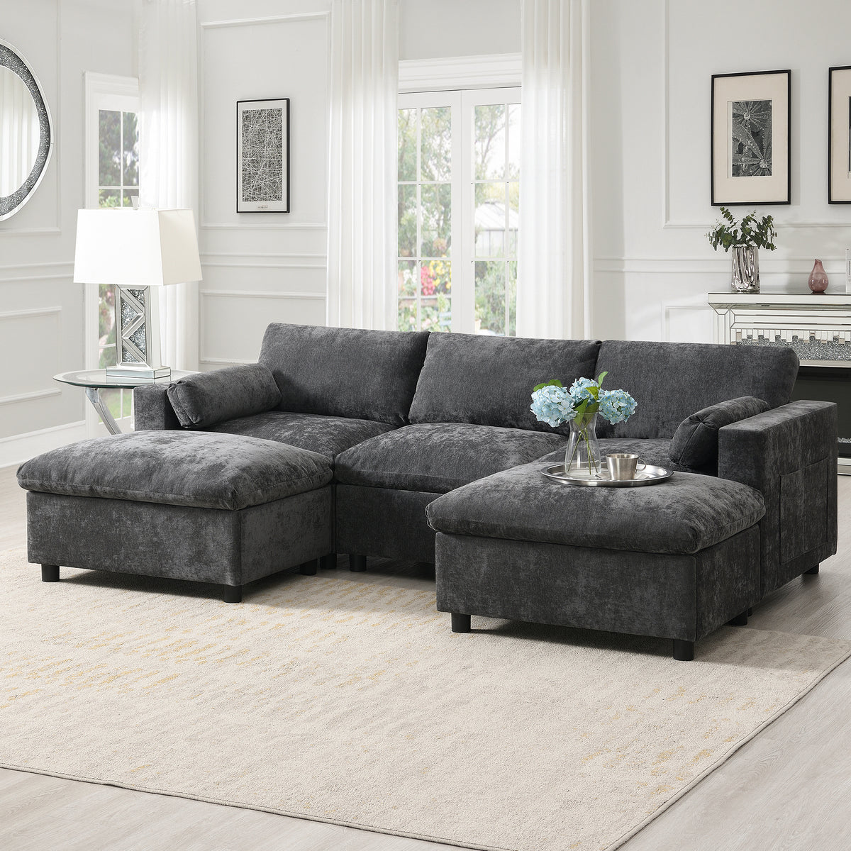 Dark Gray Chenille U-Shaped Modular Sectional with 2 Ottomans