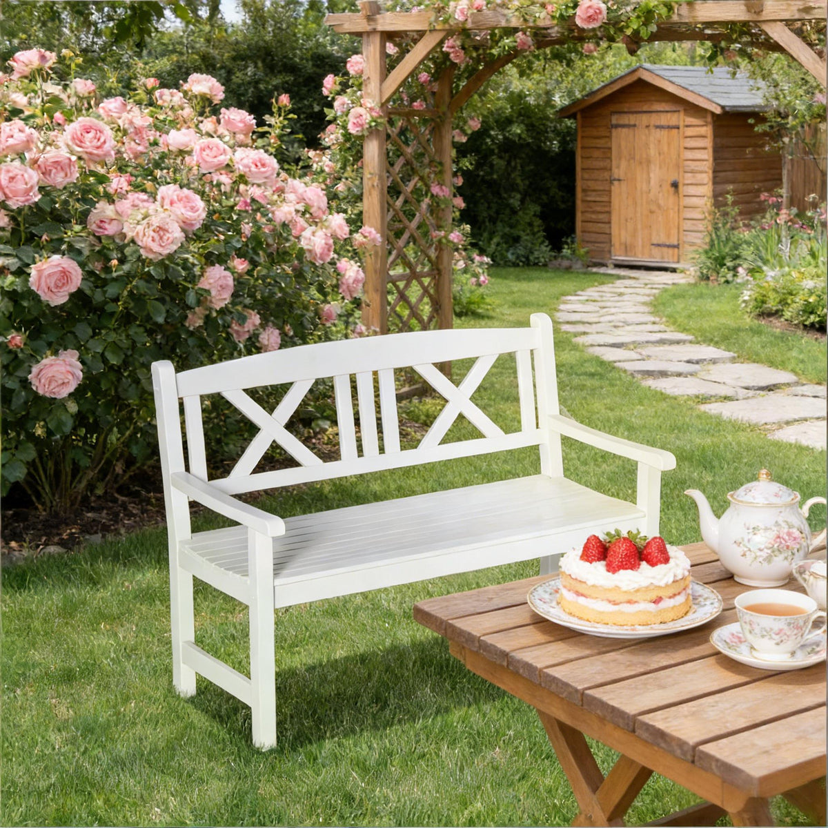 White Wood Outdoor Bench, 48.5 in Wide