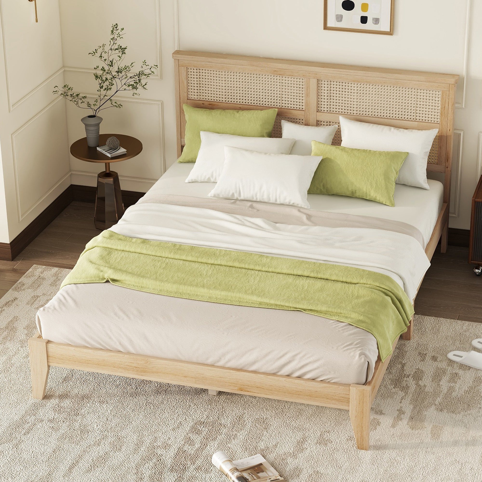 Angled overhead view of the rubberwood queen bed frame with rattan headboard in a bright styled bedroom