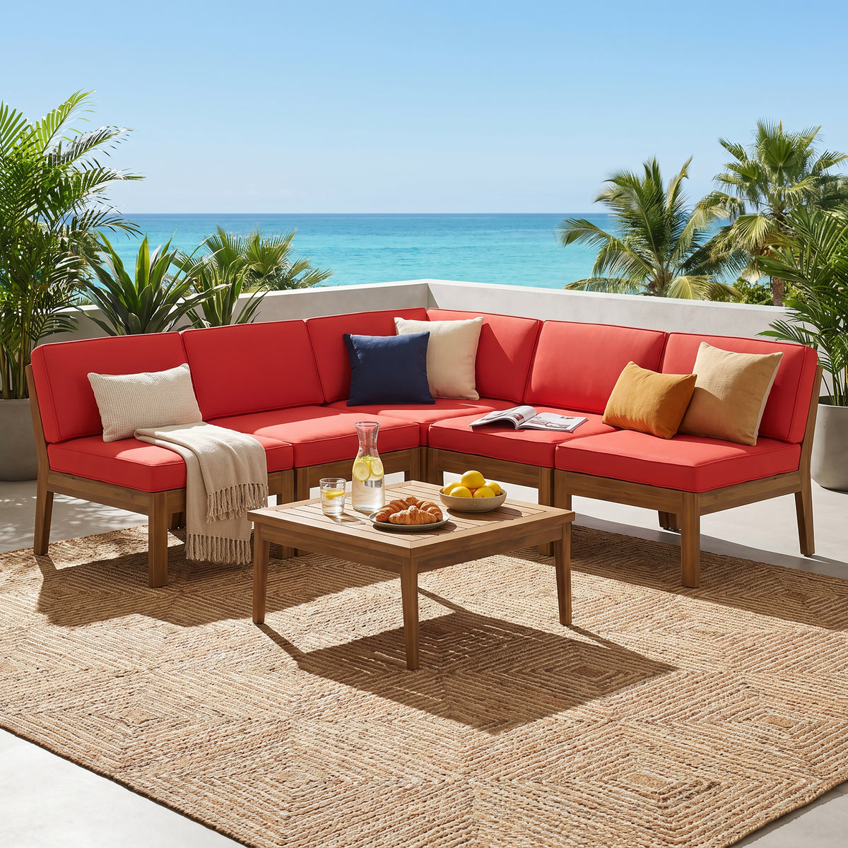 Teak Finish Solid Wood Outdoor Sectional Set for 5 with Cushions, 78 in Wide