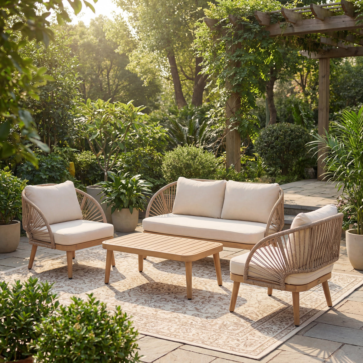 Teak Finish Solid Wood 4-Piece Outdoor Sofa Set, Curved
