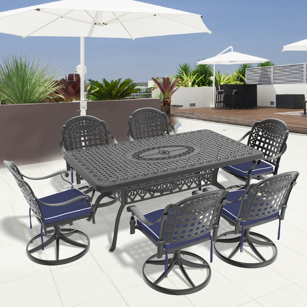 Black Aluminum 7-Piece Patio Dining Set for 6 with Cushions