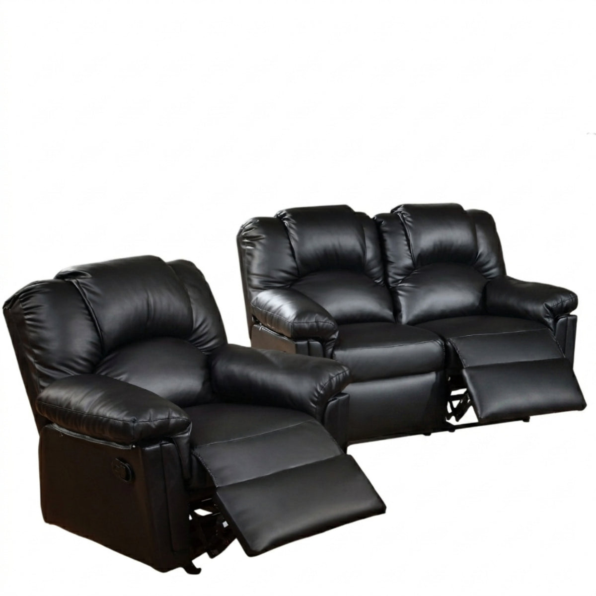Black Bonded Leather Reclining Loveseat and Recliner Set, 38 in Deep