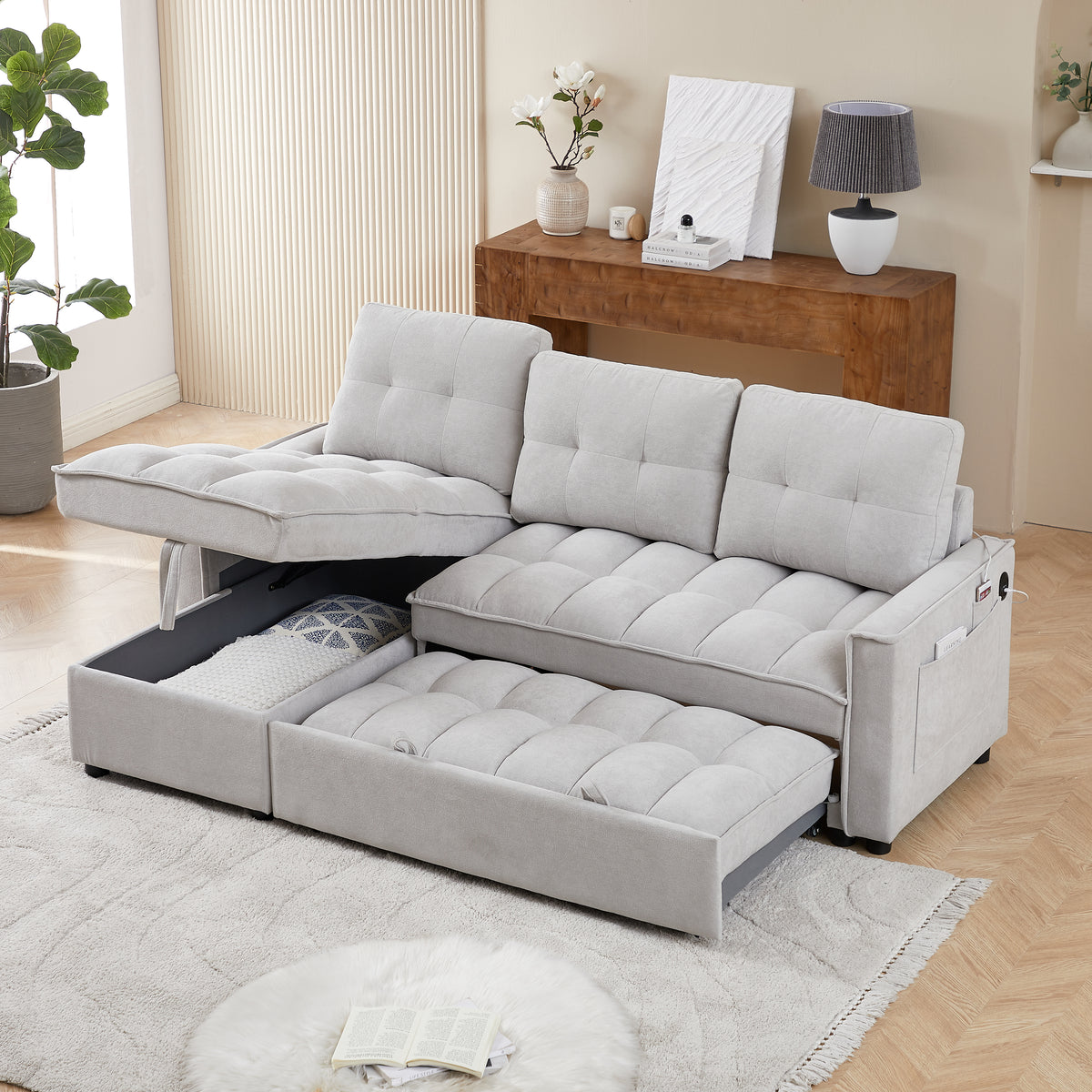 Light Gray Chenille L-Shaped Sectional Couch with Chaise, 71.3 in Wide