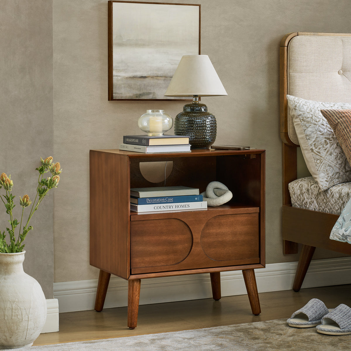 Mid Century Wood Nightstand with USB Charging and Open Shelf