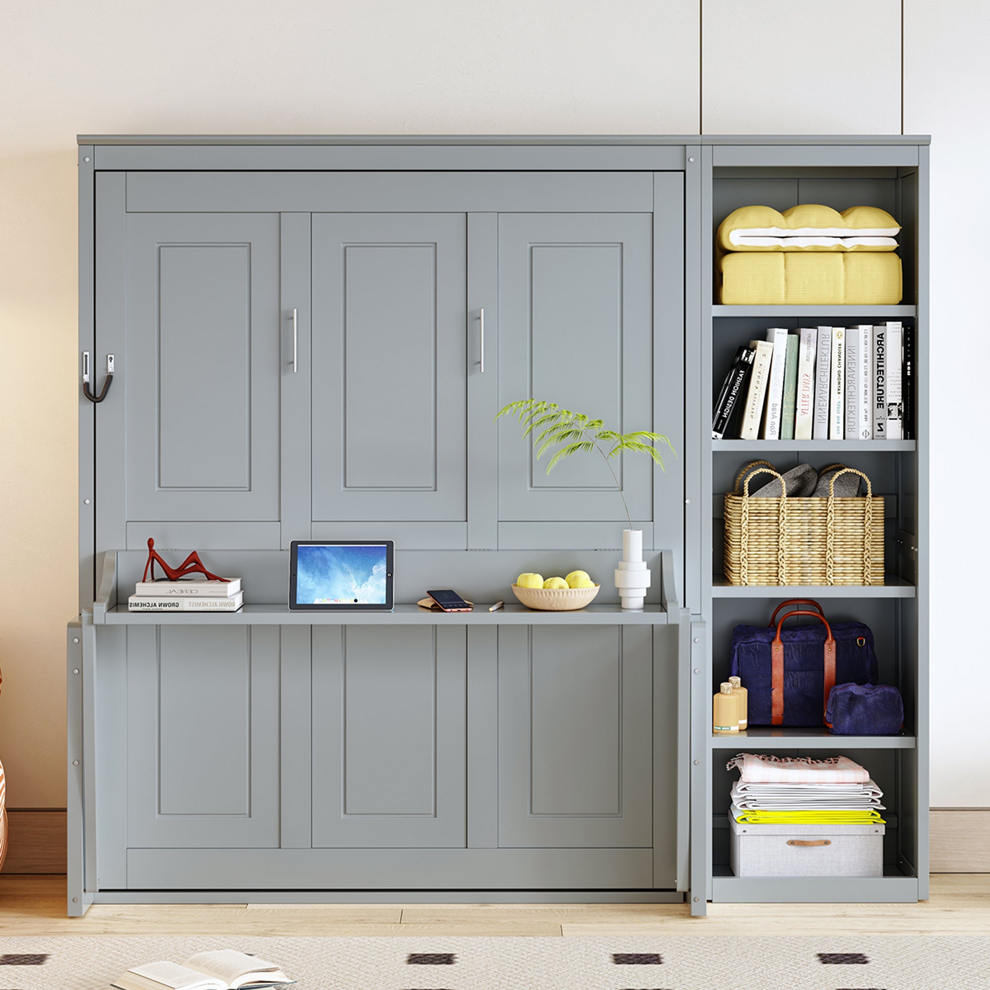 Murphy Bed with Desk and Bookshelf, Fold Down Wall Bed, Gray