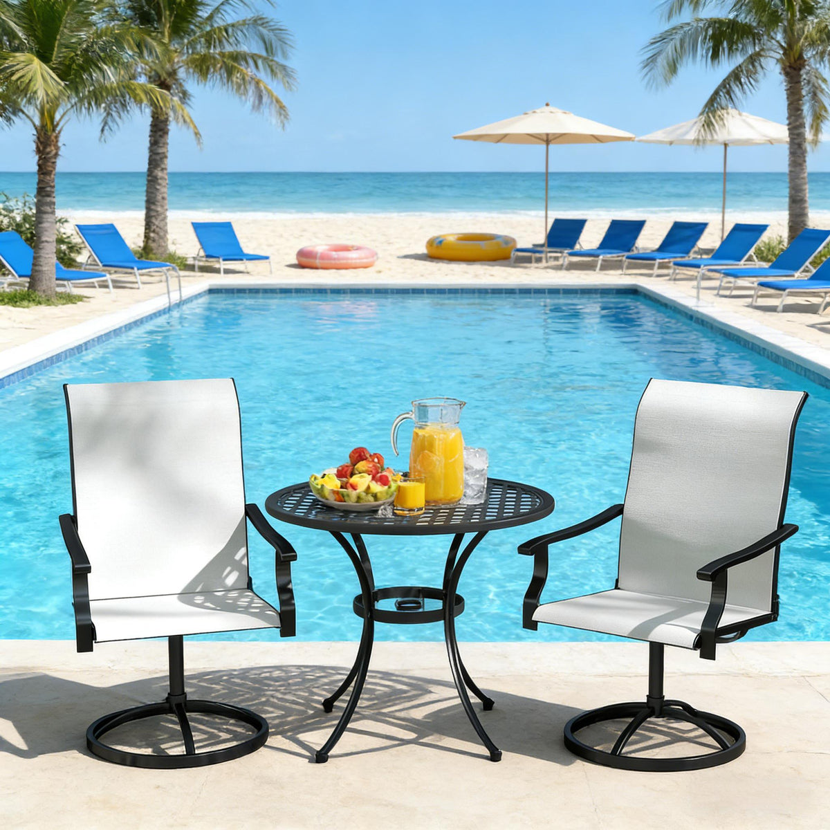 Metal Outdoor Swivel Chair, Set of 2, 42.5 in Tall, Black and Cream