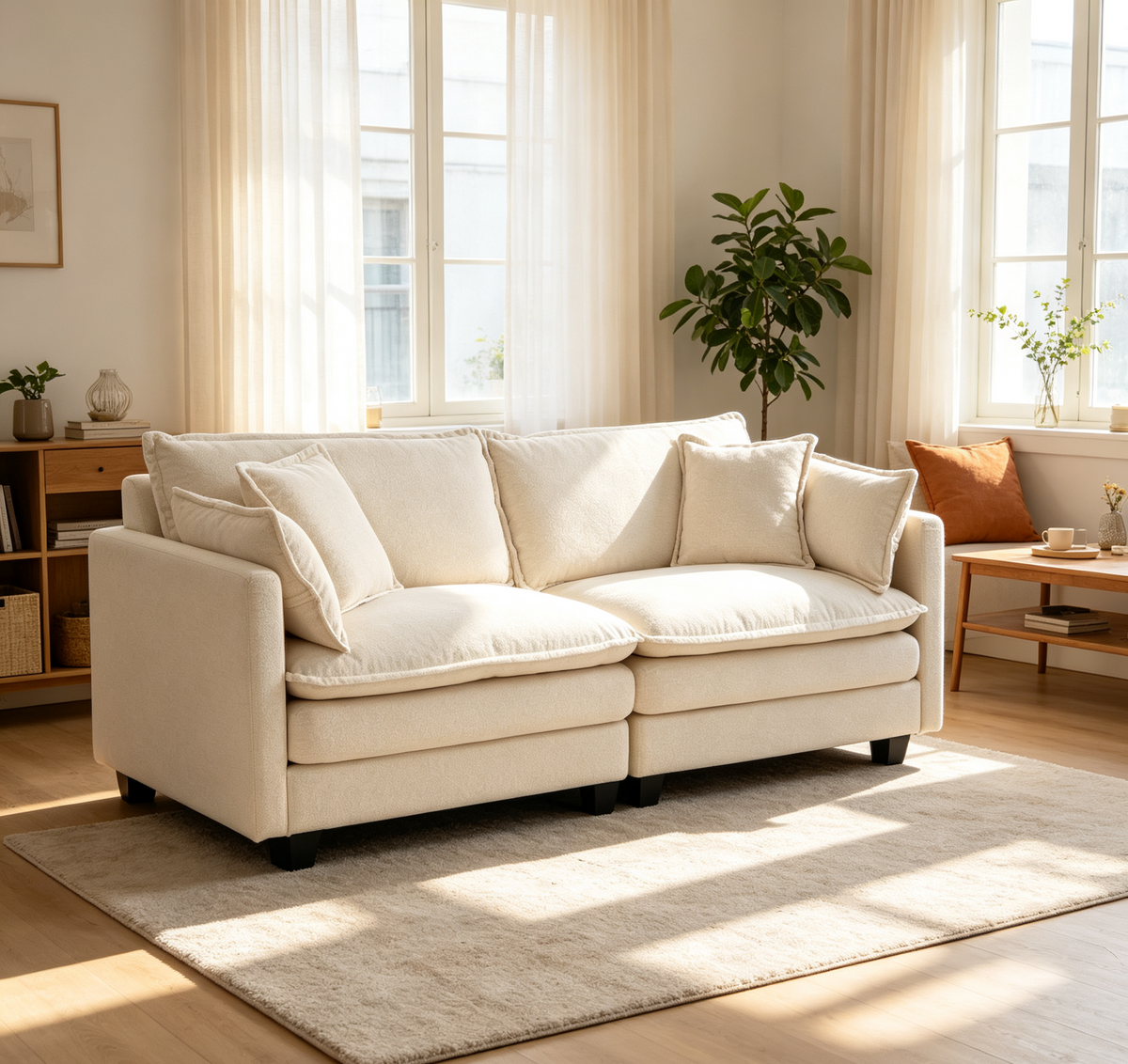 White Chenille Modular Sectional Couch, 78 in Wide