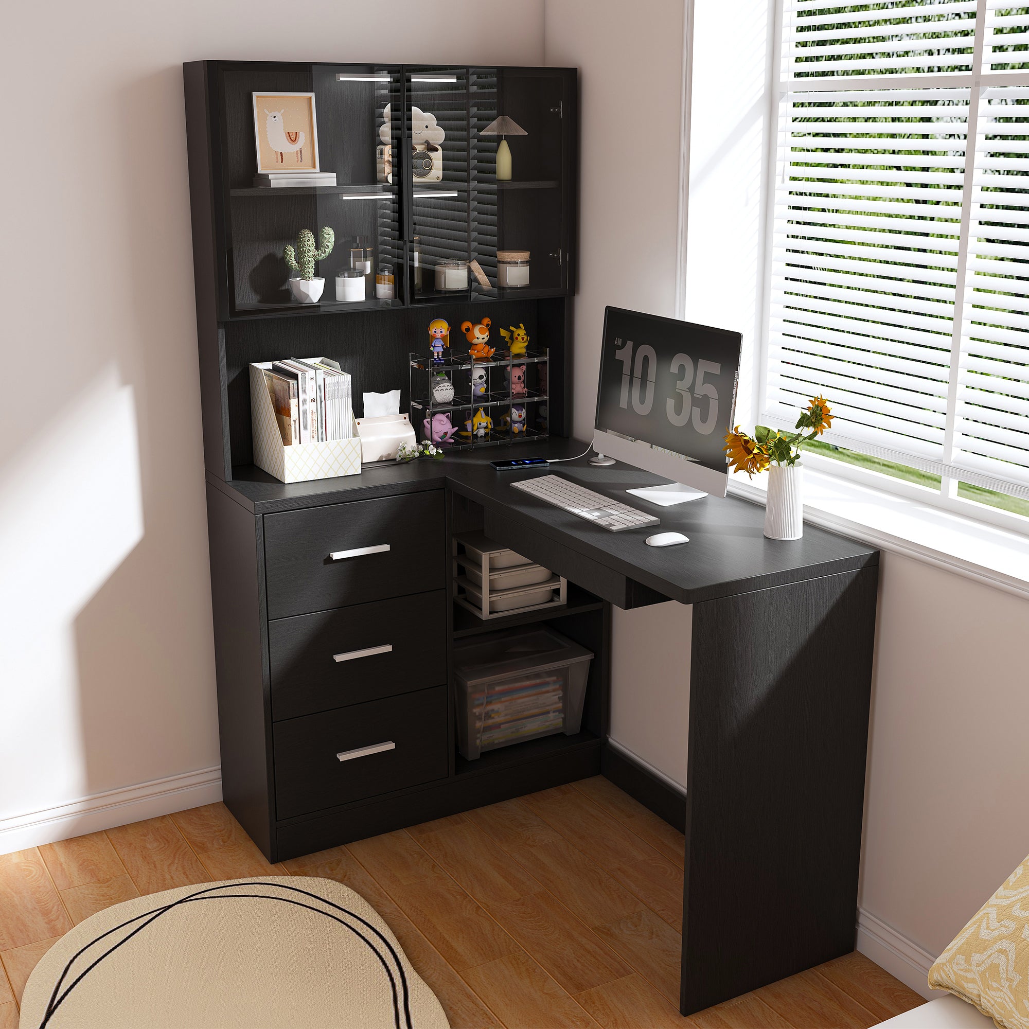 Computer Desk with Charging Station and Keyboard Tray, 43.3 in, Black