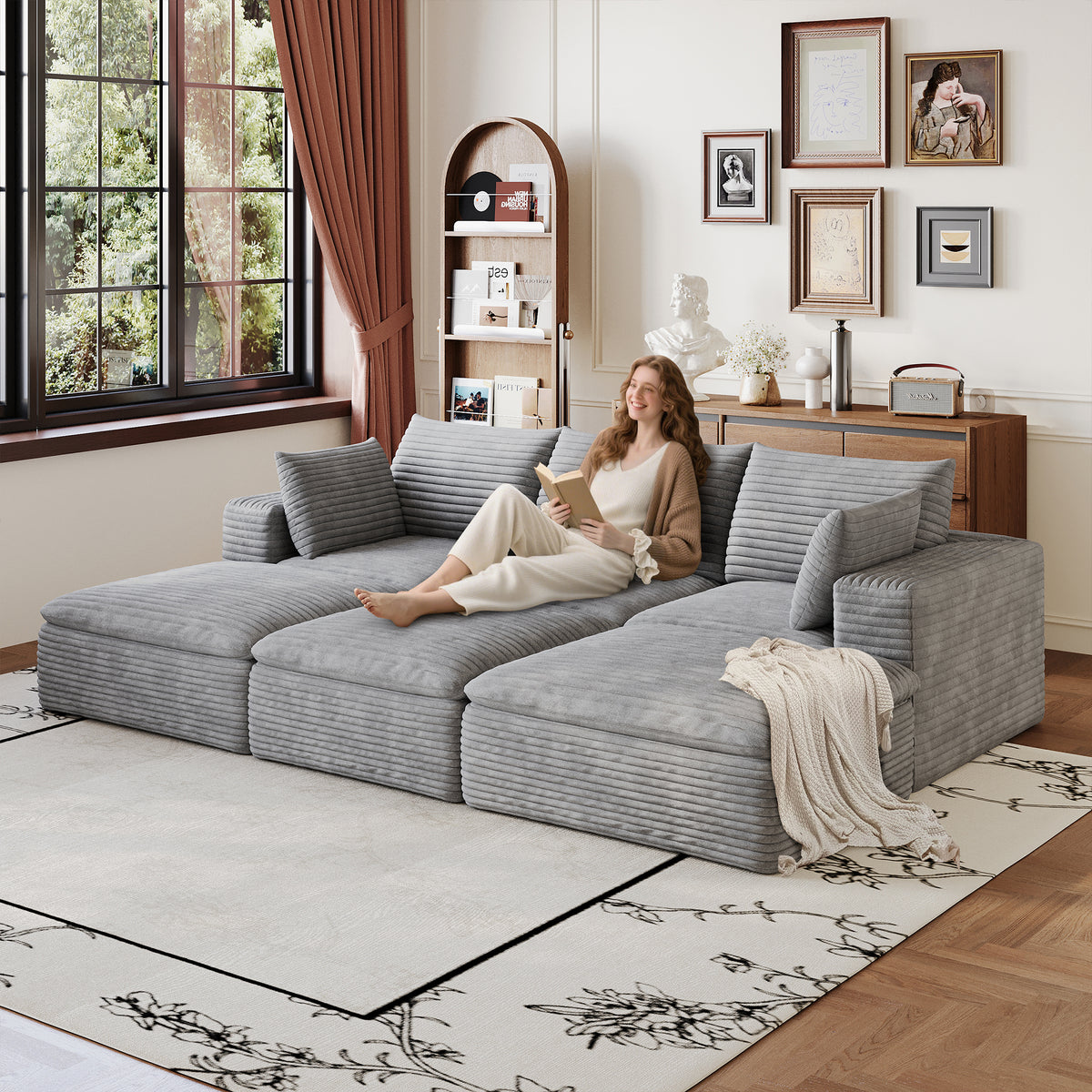 Gray Corduroy Modular 6-Seat Couch, No Assembly