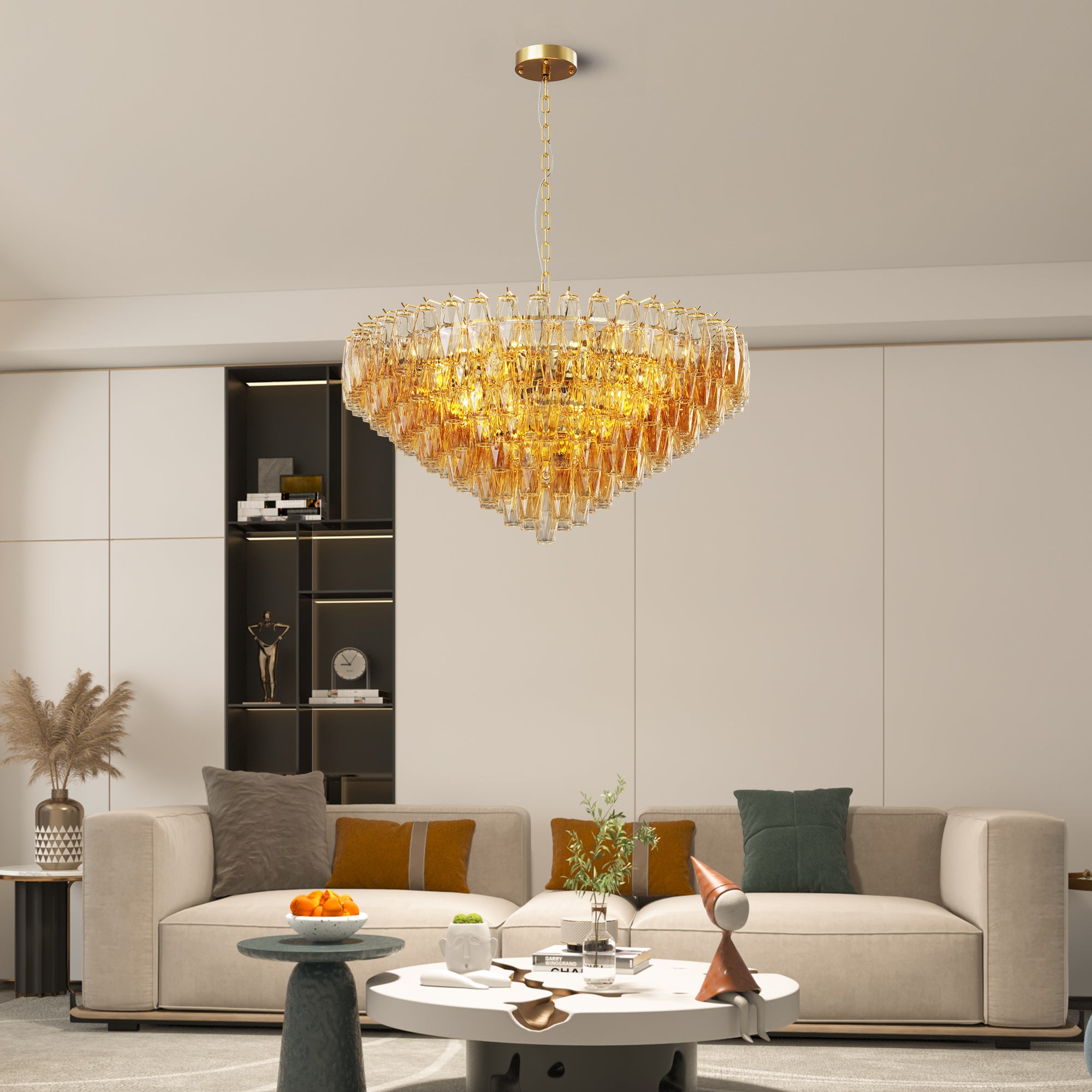 Extra-Large Chandelier, 14-Light Tiered Smoke Glass, Gold