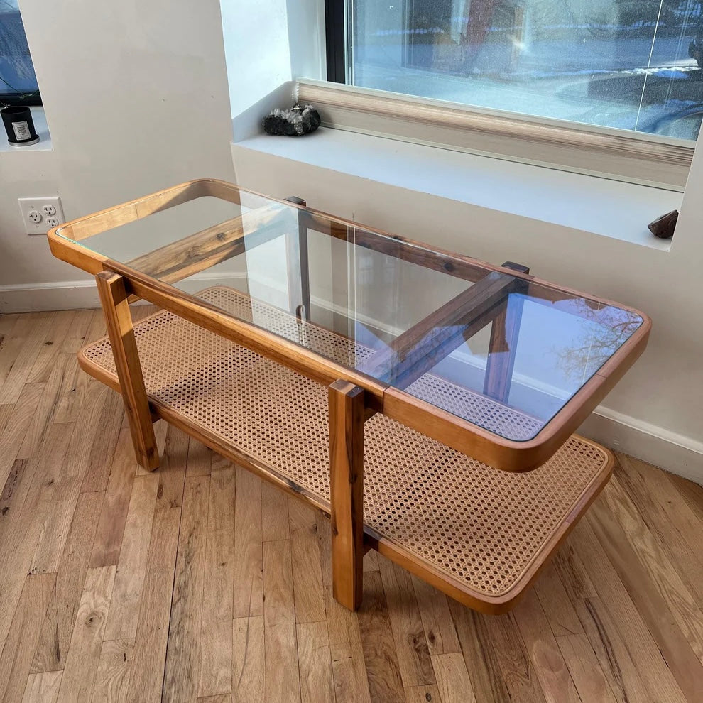 acacia solid wood coffee table with tempered glass and rattan