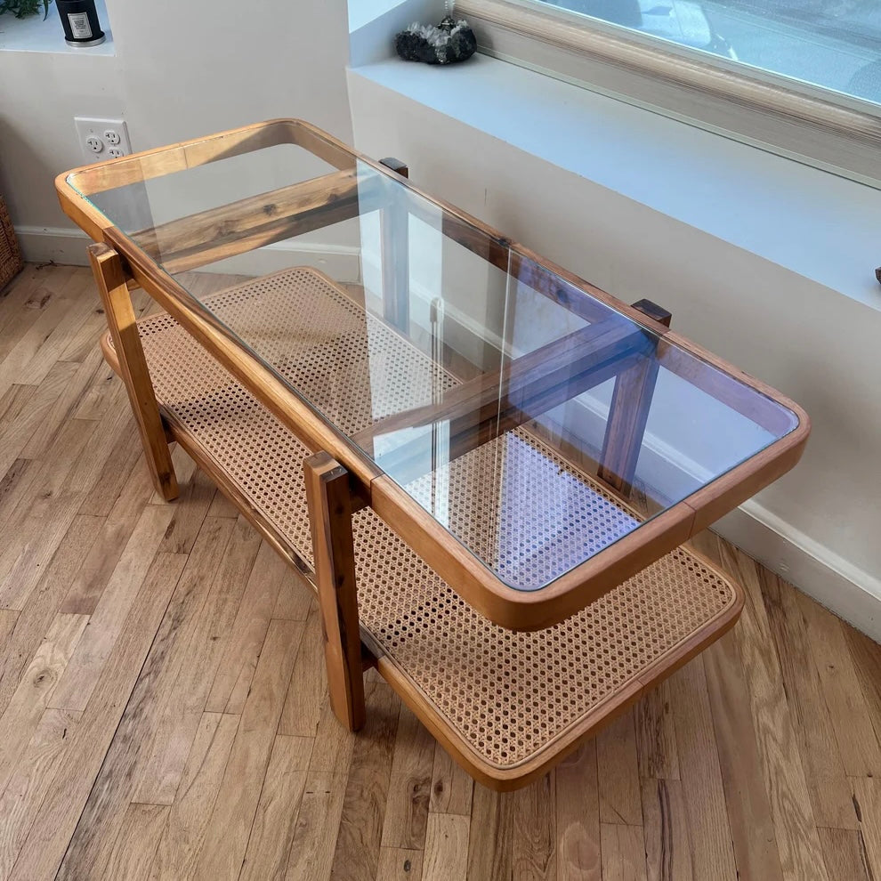 solid acacia wood coffee table with rattan shelve and a tempered glass top