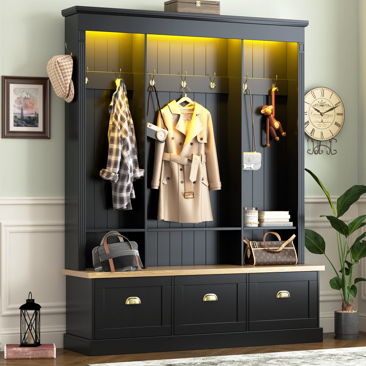 Black Hall Tree with Bench, 59 in Wide, 75.2 in Tall