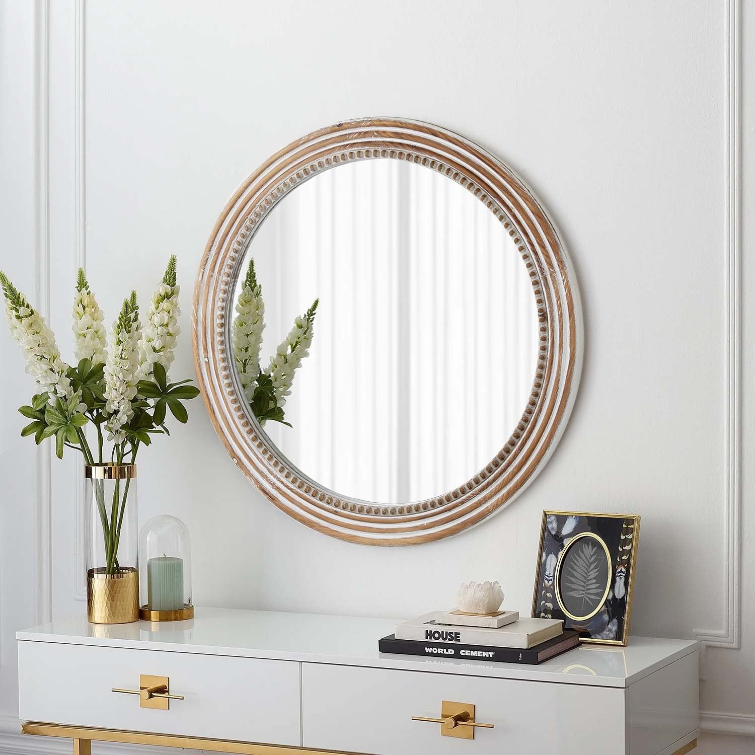 27 in Round Beaded Wall Mirror, Antique White Farmhouse