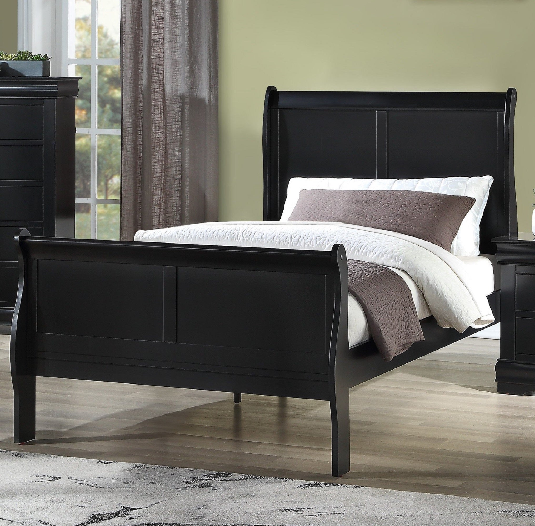 Solid Wood Sleigh Bed Frame, Black Finish