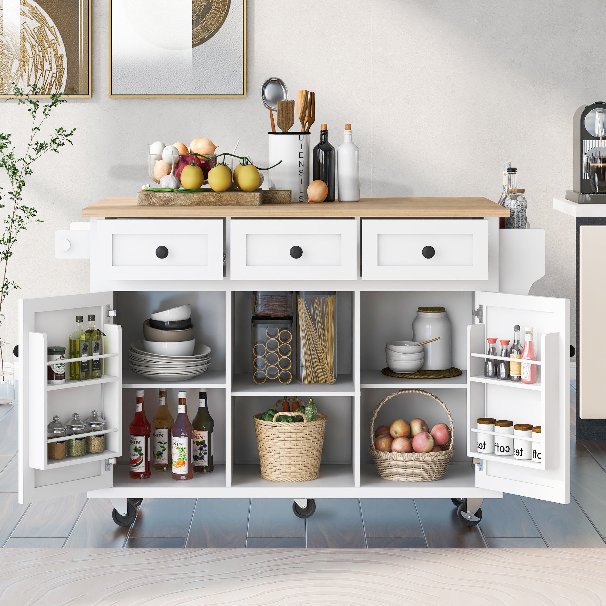 Rolling Kitchen Island with Drop-Leaf, White, 3 Drawers & Cabinet