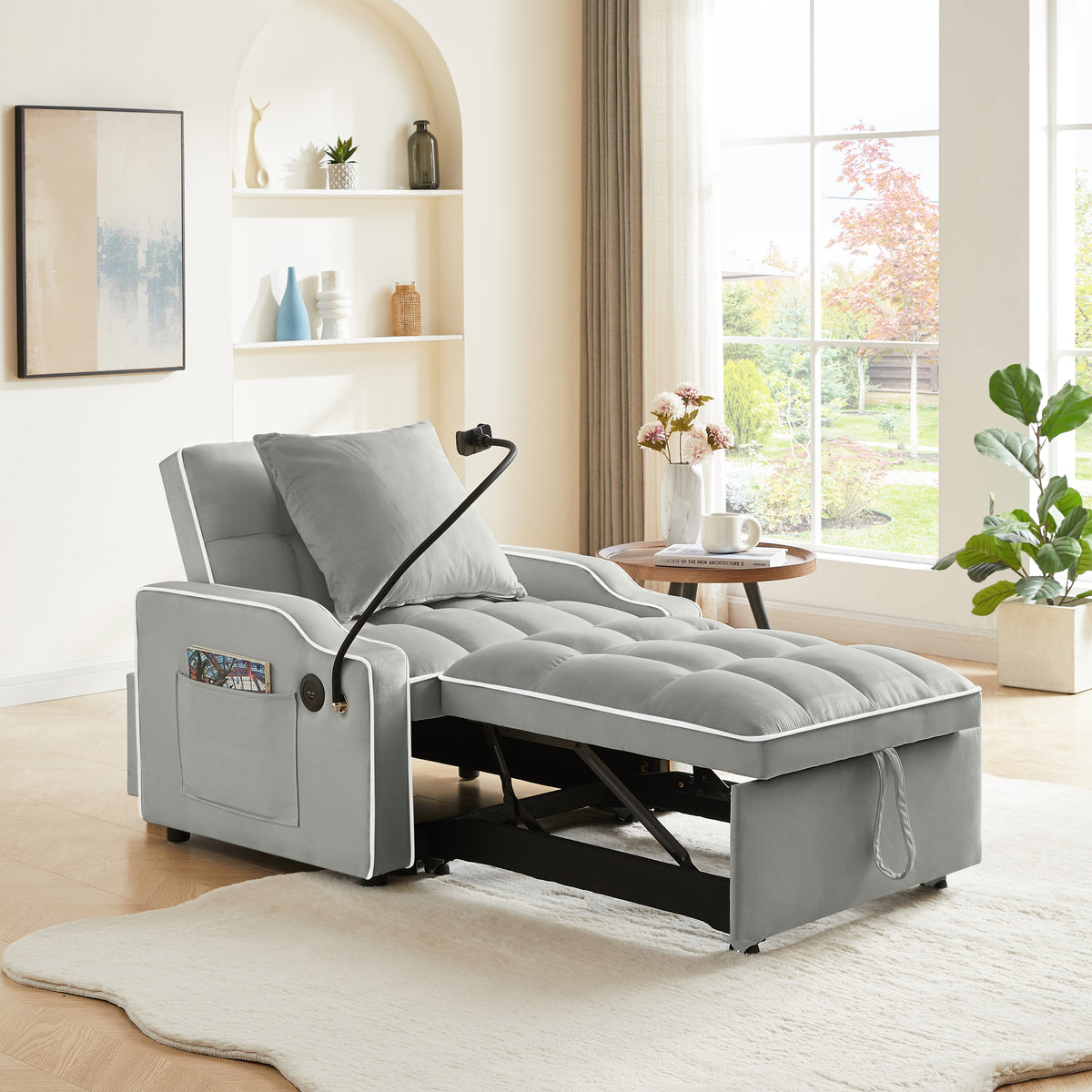Gray Velvet Tufted Sleeper Chair, Reclining