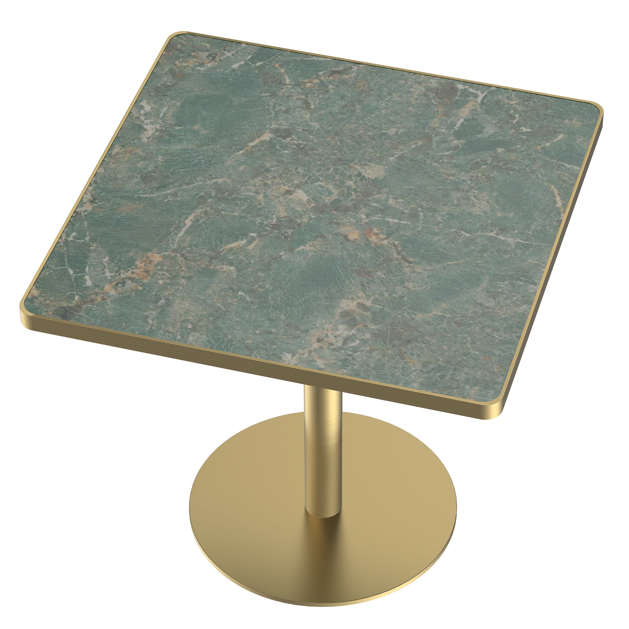 Green sintered stone square dining table, overhead three-quarter view, gold base, white studio