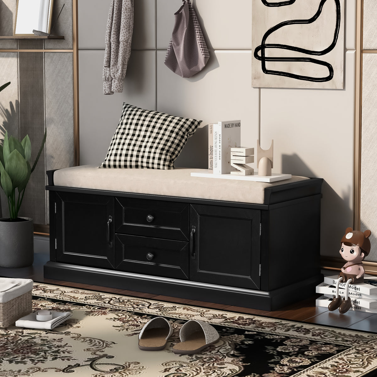 Black Shoe Storage Bench, 42.5 in Wide