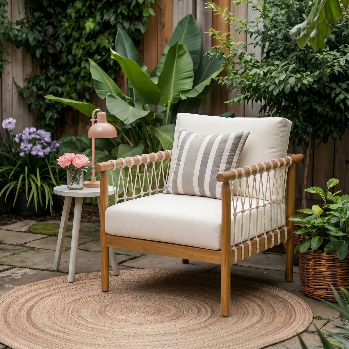 Teak Finish Solid Wood Outdoor Lounge Chair with Cream Cushions, Rope Weave