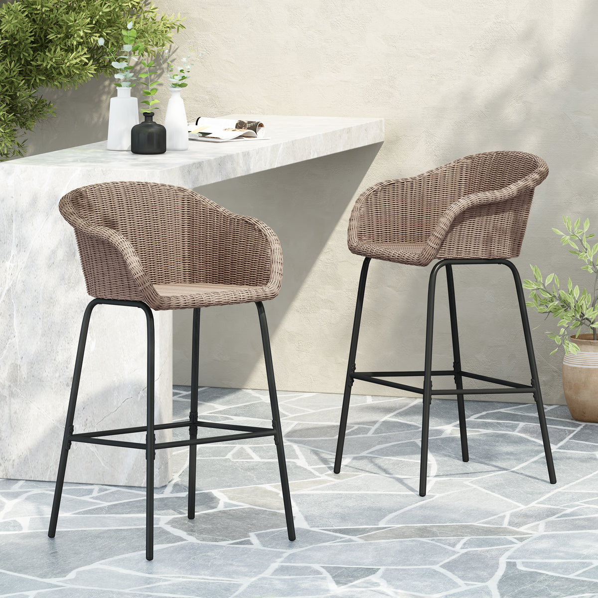Black Metal Outdoor Bar Stool, Set of 2, Light Brown Wicker
