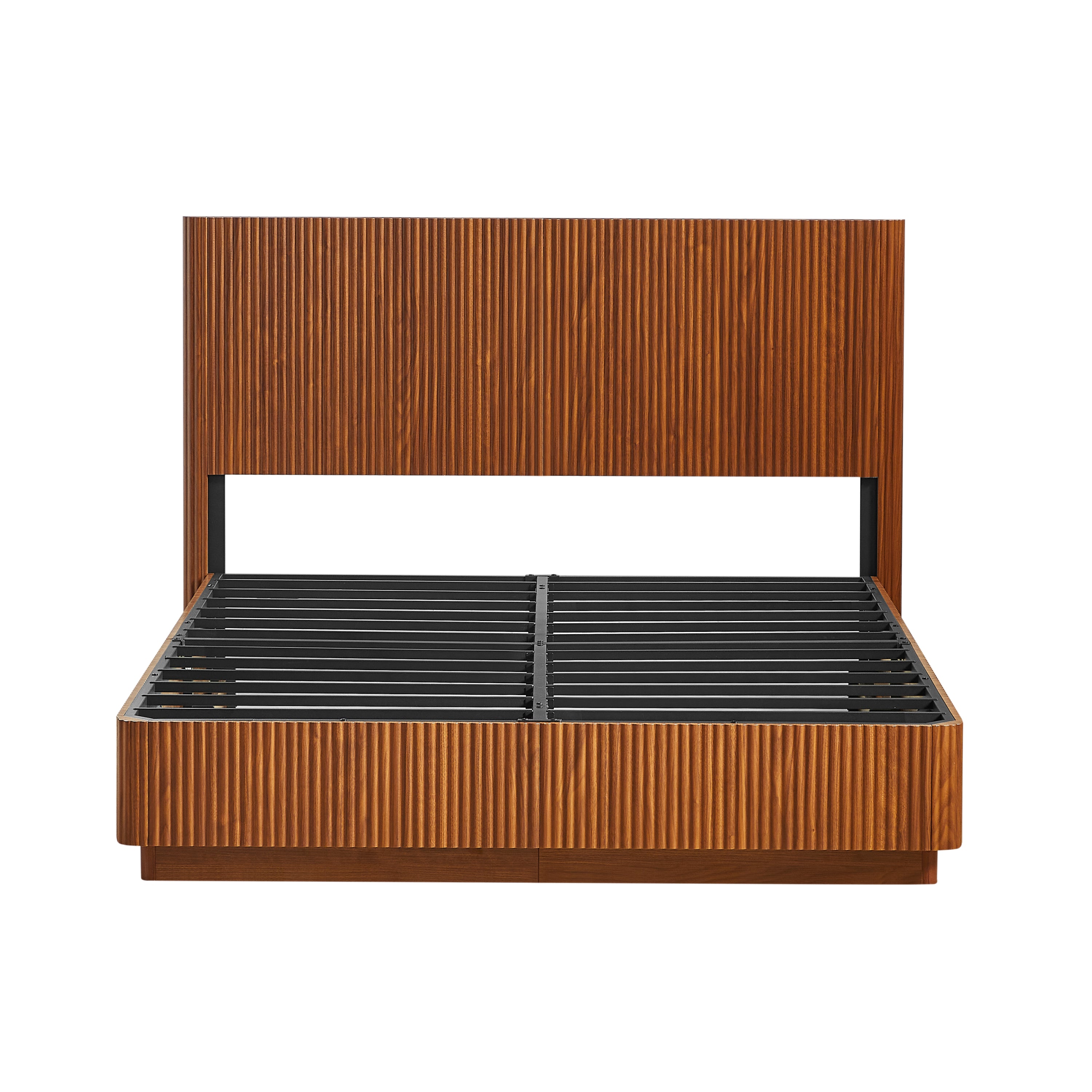 Bare walnut queen bed frame on white showing the corrugated headboard, plinth base and steel slats #Color_Walnut