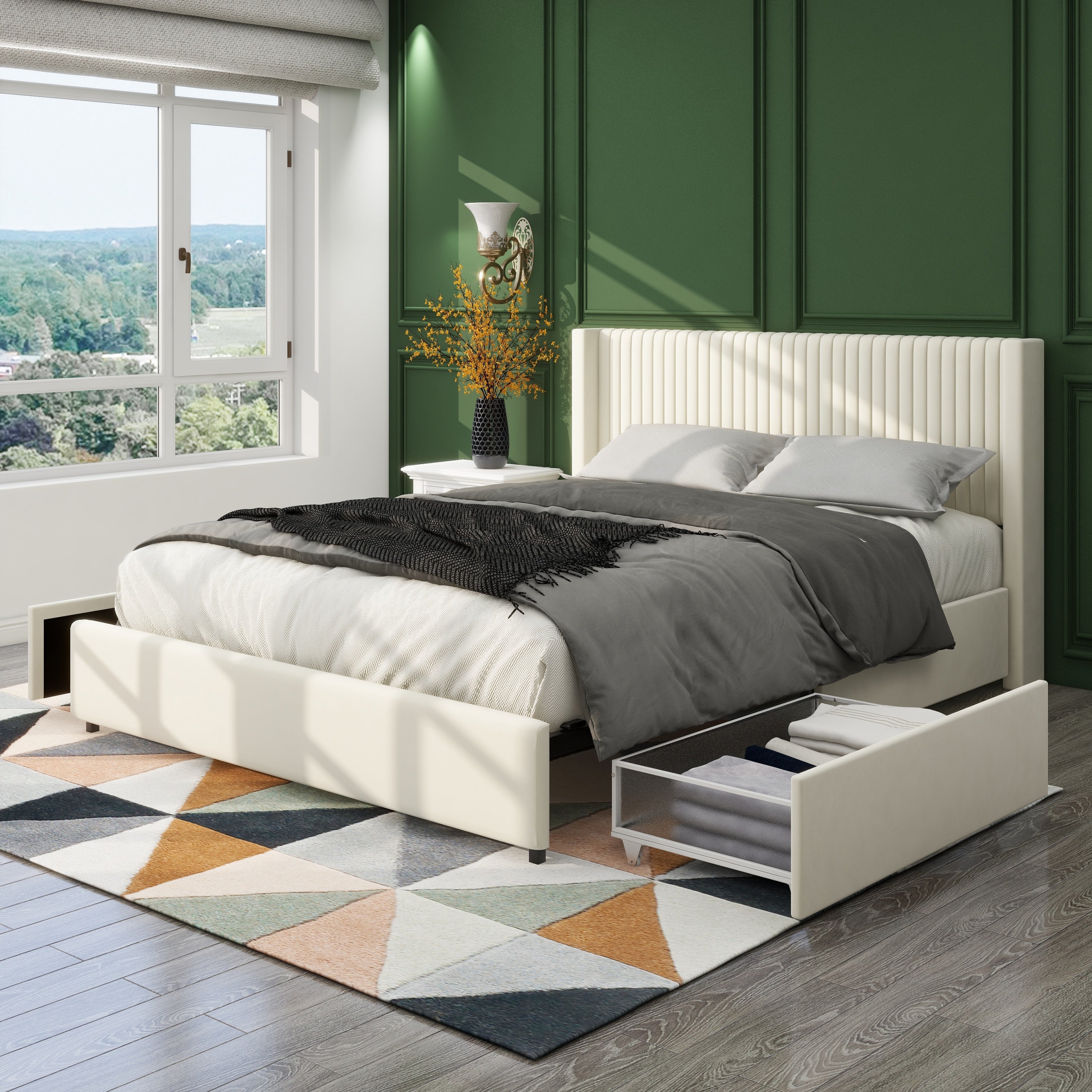 Angled ivory velvet bed with a side storage drawer open, gray and black bedding on the mattress