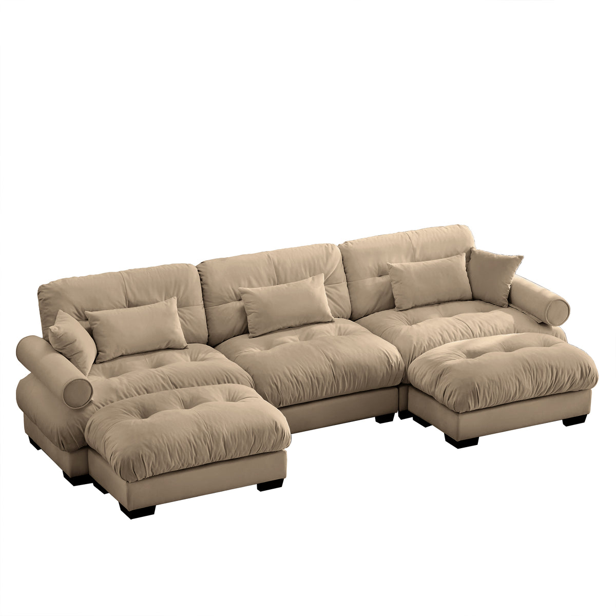 Camel Velvet L-Shaped Modular Sectional Couch with 2 Ottomans