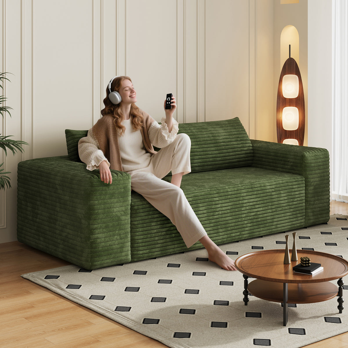 Green Corduroy 3-Seat Couch, No Assembly, 78.8 in Wide