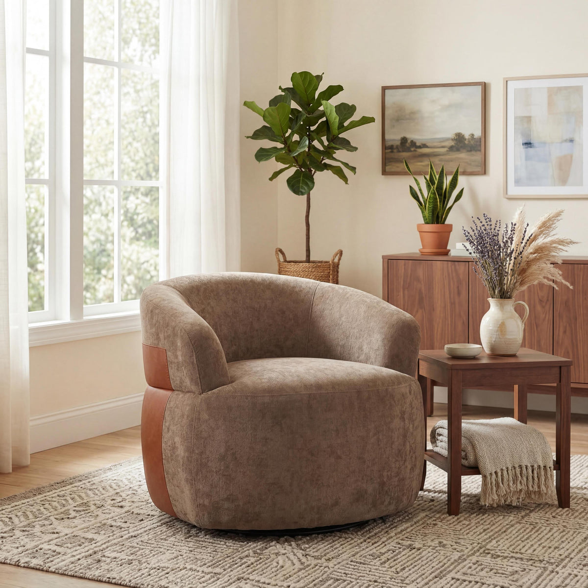 Brown Swivel Barrel Chair